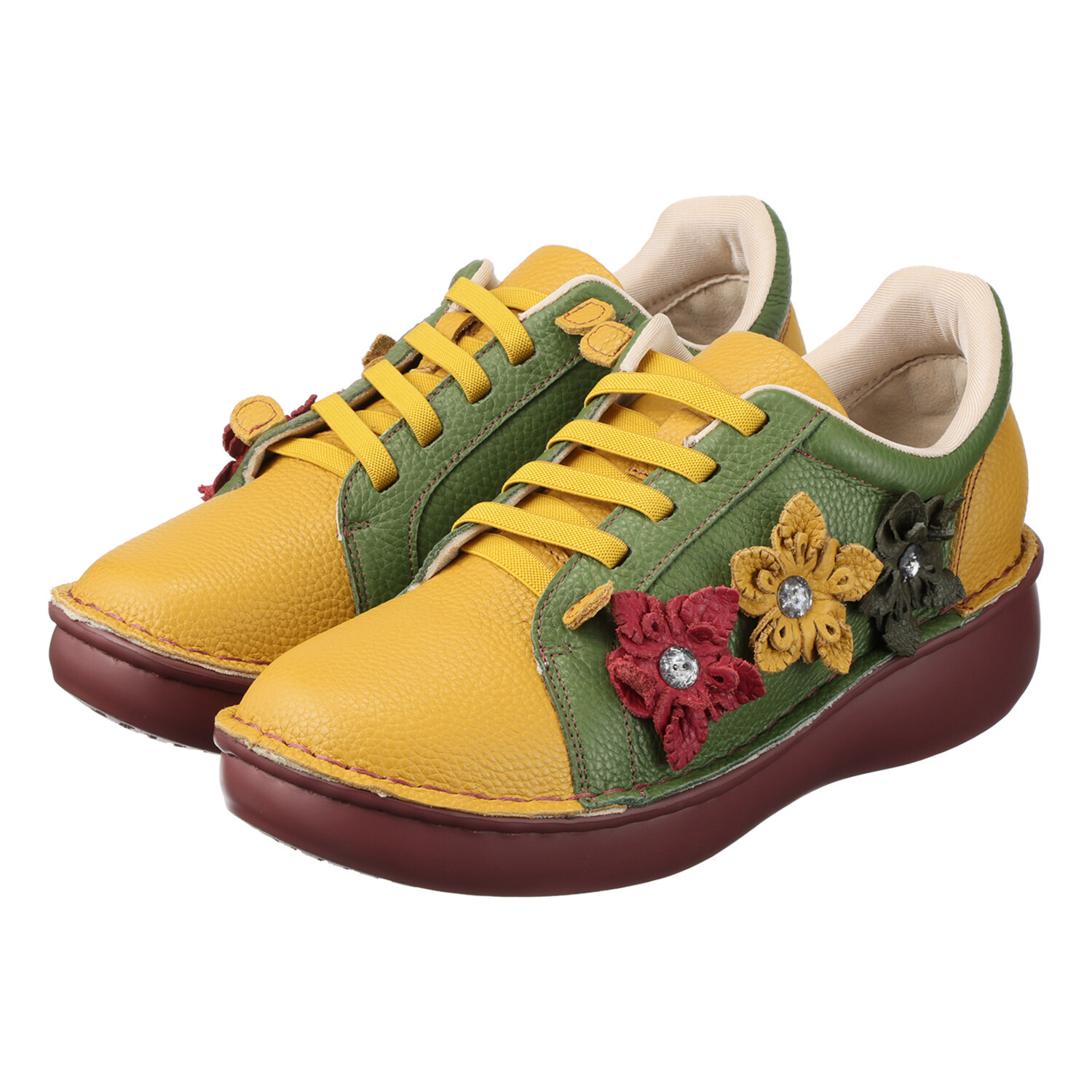 エスタシオン 牛革シュリンク型押し フラワーモティーフ 軽量ゴムレースシューズ