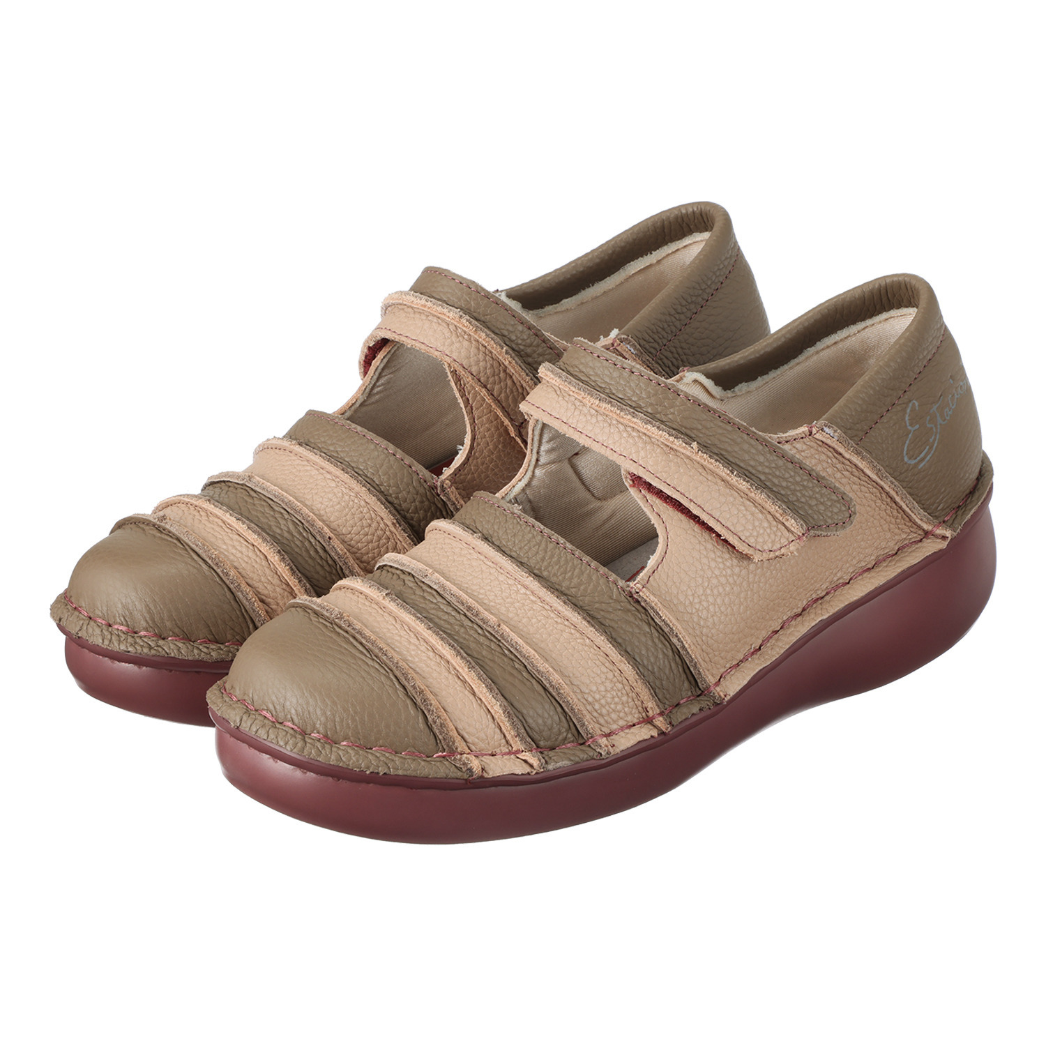 エスタシオン 牛革シュリンク型押し ボーダーデザイン 甲ベルト軽量シューズ