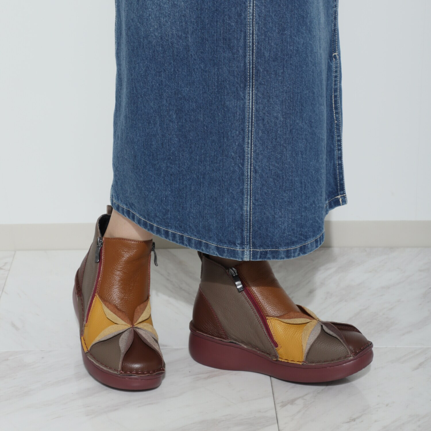 エスタシオン 牛革シュリンク型押し 切替デザイン 軽量ショートブーツ