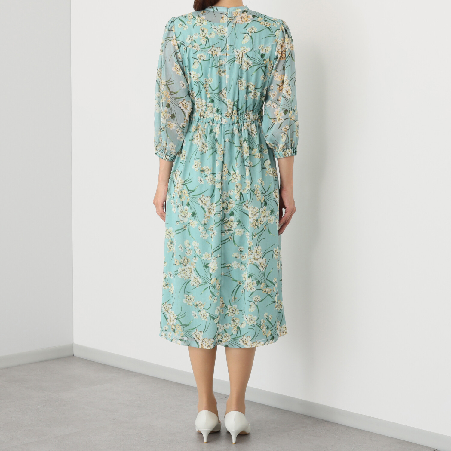 クリス・セリーン フラワープリント レーステープアクセント 楊柳シフォンワンピース