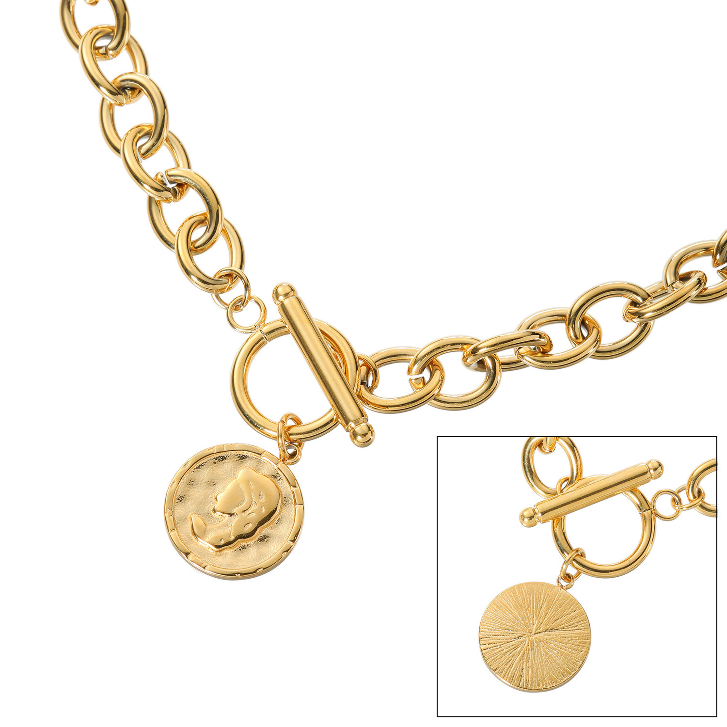 キラレ ステンレス チャンキーチェーン トグル＆バー コインチャームネックレス