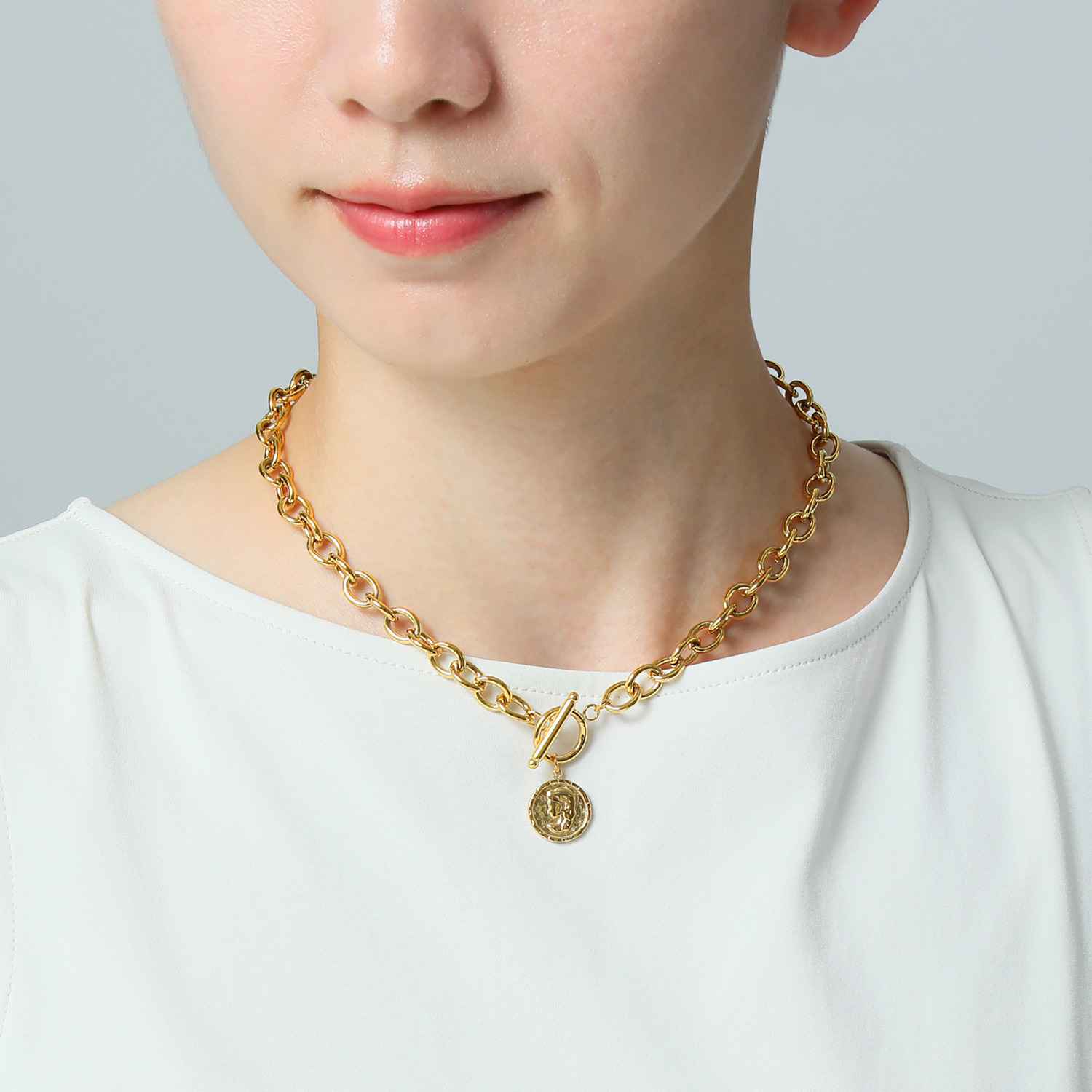 キラレ ステンレス チャンキーチェーン トグル＆バー コインチャームネックレス