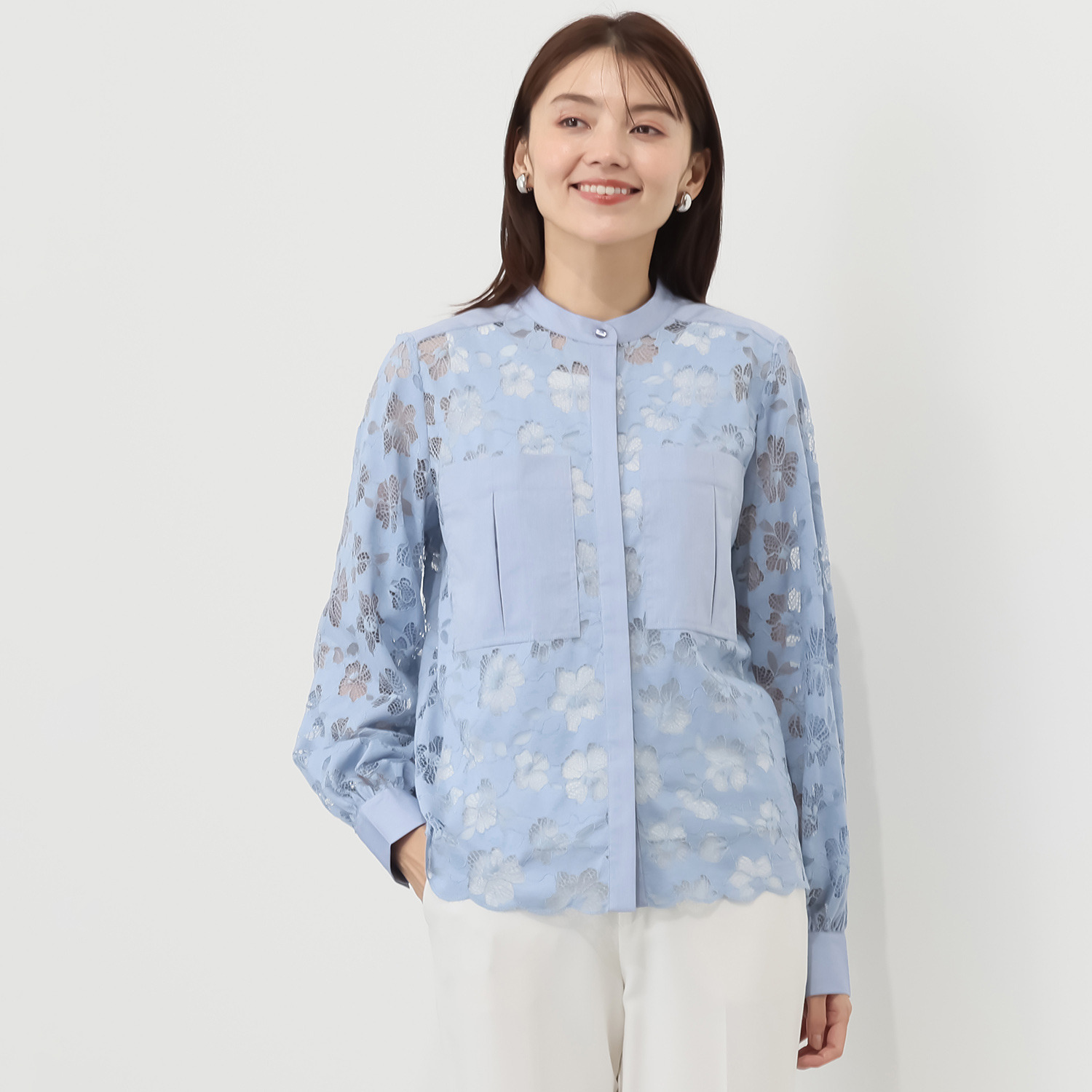 ＢＯＵＮＣＹ　ＢＯＮＤ シャツスタイルを新鮮に！ 華やかラッセルレース スタンドネックシャツ