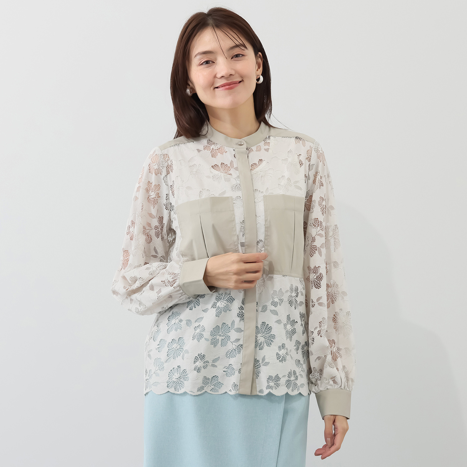 ＢＯＵＮＣＹ　ＢＯＮＤ シャツスタイルを新鮮に！ 華やかラッセルレース スタンドネックシャツ