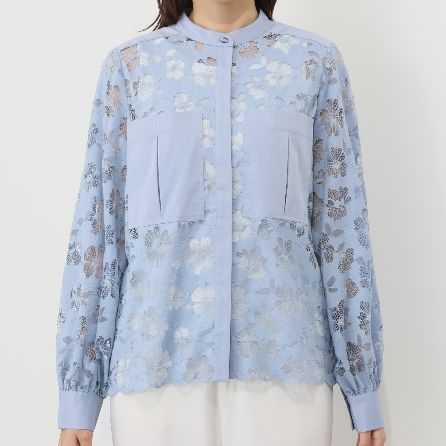 ＢＯＵＮＣＹ　ＢＯＮＤ シャツスタイルを新鮮に！ 華やかラッセルレース スタンドネックシャツ