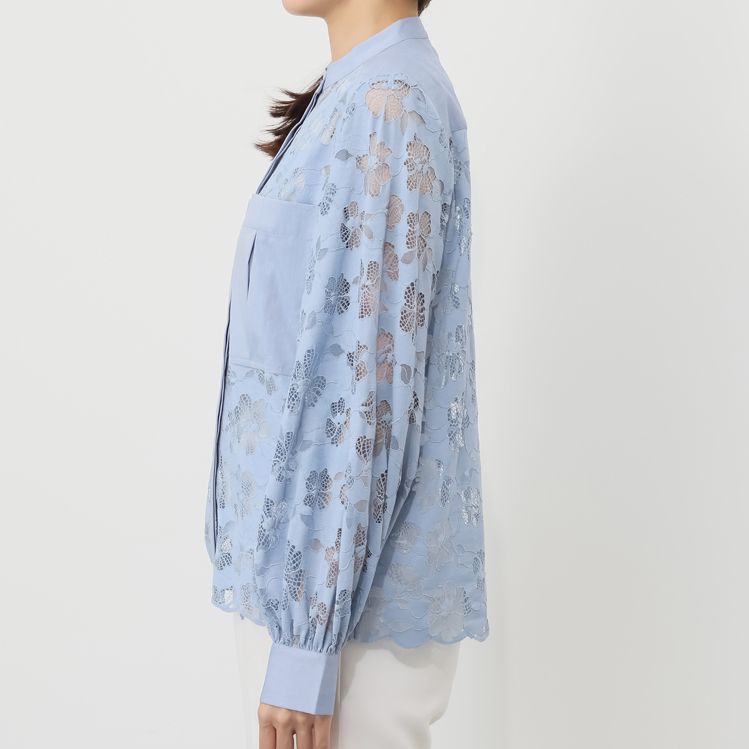 ＢＯＵＮＣＹ　ＢＯＮＤ シャツスタイルを新鮮に！ 華やかラッセルレース スタンドネックシャツ