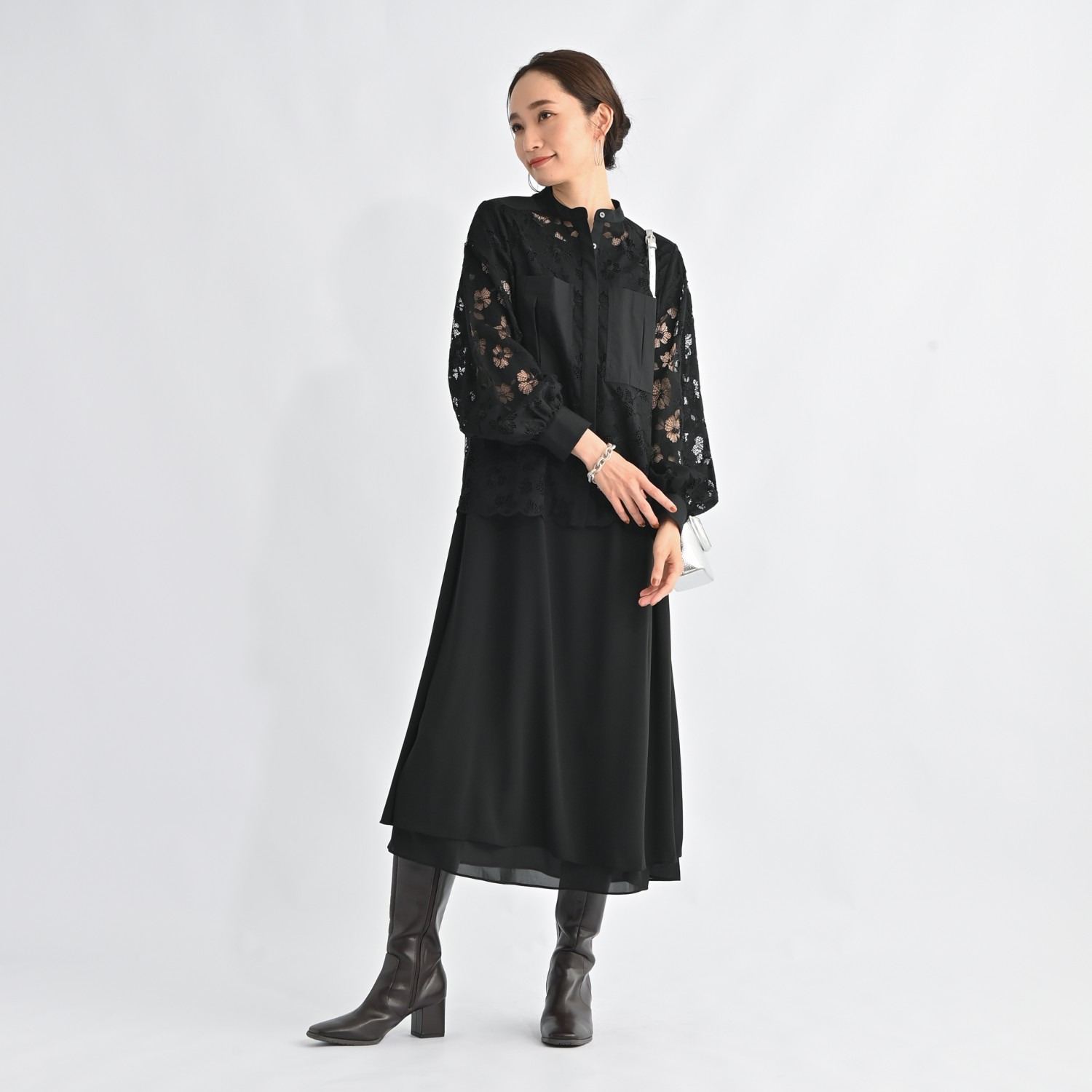 ＢＯＵＮＣＹ　ＢＯＮＤ シャツスタイルを新鮮に！ 華やかラッセルレース スタンドネックシャツ