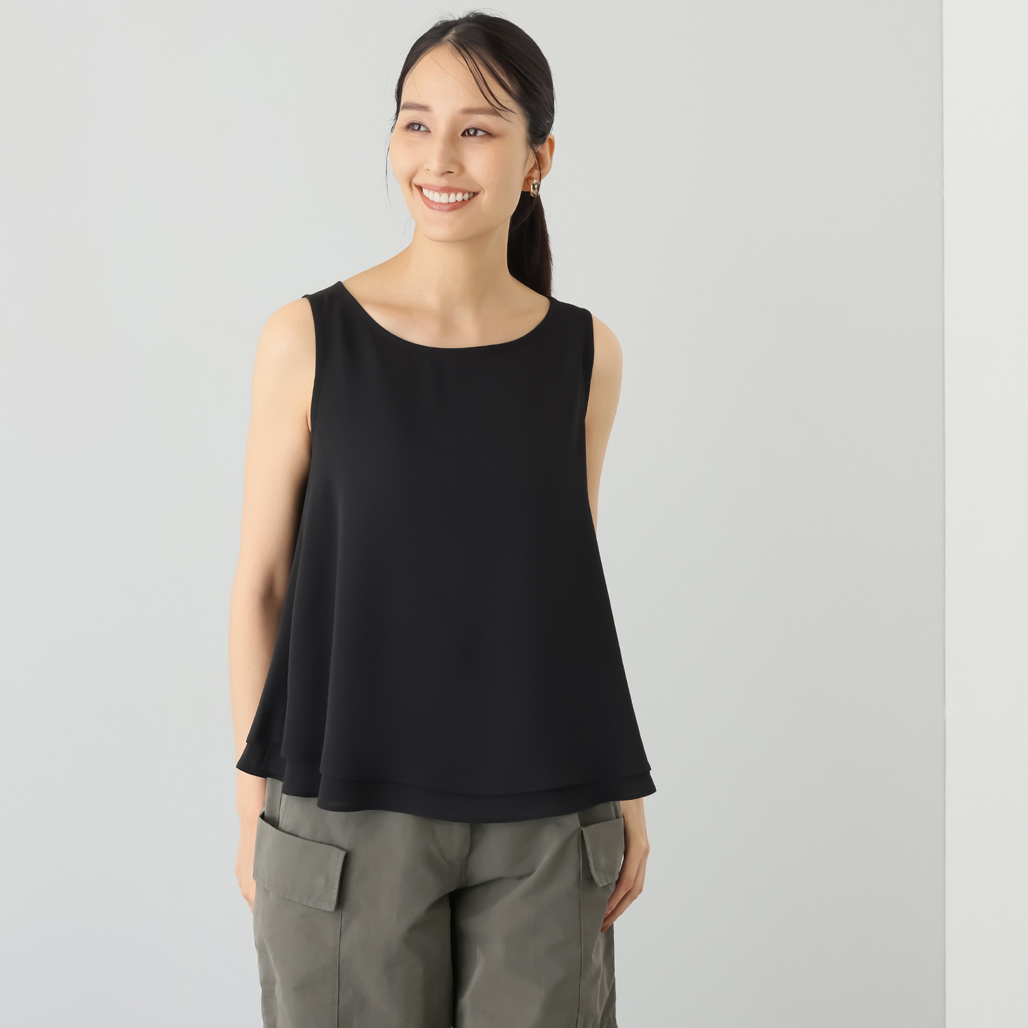 ＢＯＵＮＣＹ　ＢＯＮＤ 着回し力抜群 ダブルレイヤード とろみシフォン フレアーデザイン ノースリーブプルオーバー