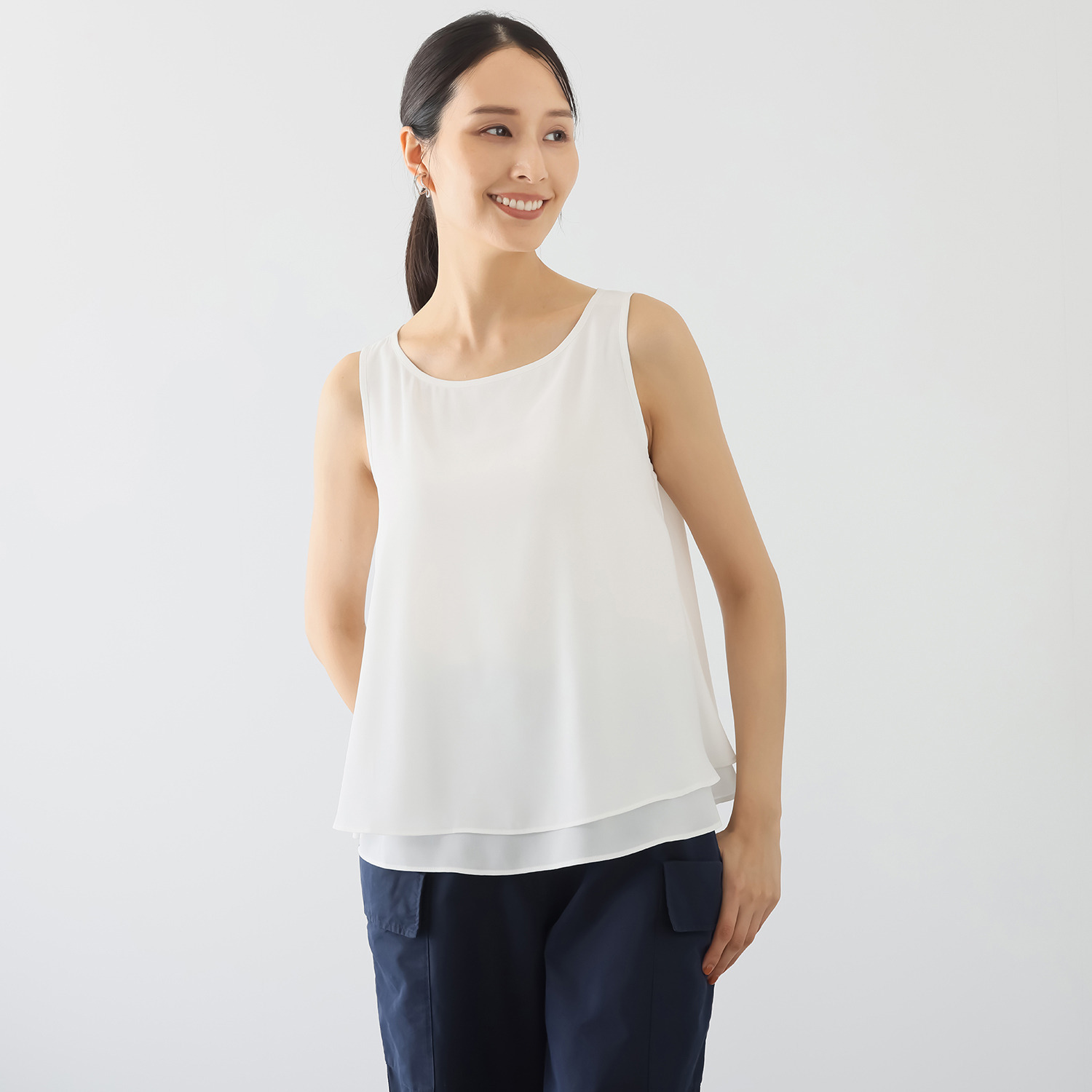 ＢＯＵＮＣＹ　ＢＯＮＤ 着回し力抜群 ダブルレイヤード とろみシフォン フレアーデザイン ノースリーブプルオーバー