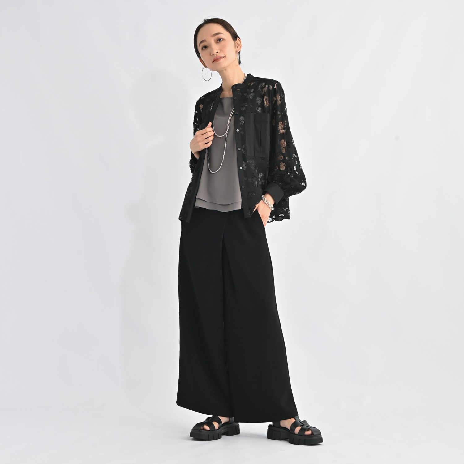 ＢＯＵＮＣＹ　ＢＯＮＤ 着回し力抜群 ダブルレイヤード とろみシフォン フレアーデザイン ノースリーブプルオーバー