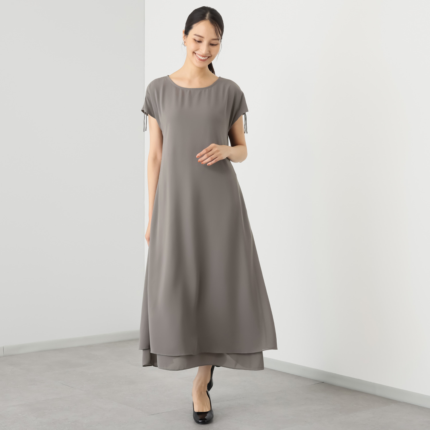 ＢＯＵＮＣＹ　ＢＯＮＤ 袖アレンジが楽しい ドロストギャザーデザイン とろみシフォン ダブルレイヤード フレアーワンピース