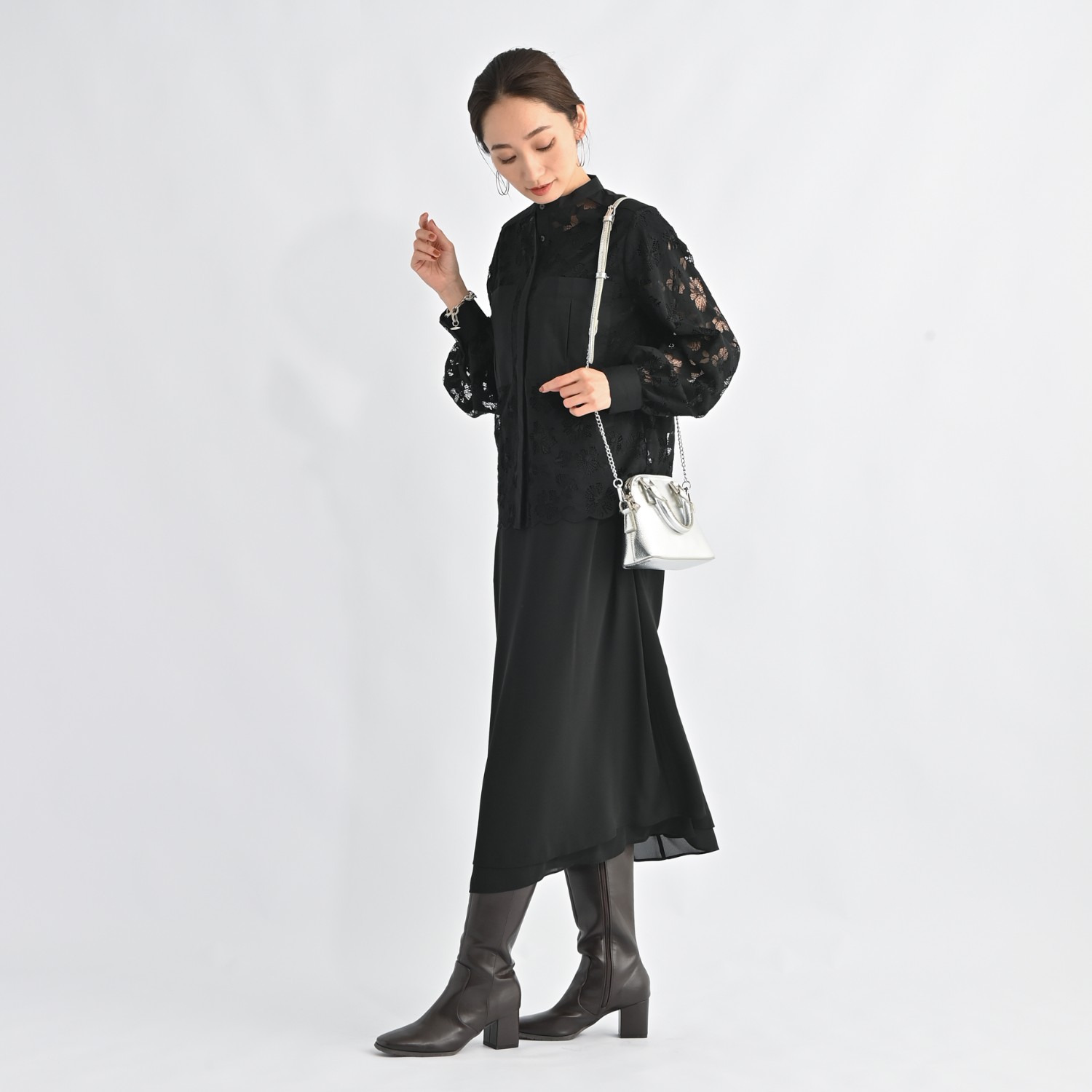 ＢＯＵＮＣＹ　ＢＯＮＤ 袖アレンジが楽しい ドロストギャザーデザイン とろみシフォン ダブルレイヤード フレアーワンピース