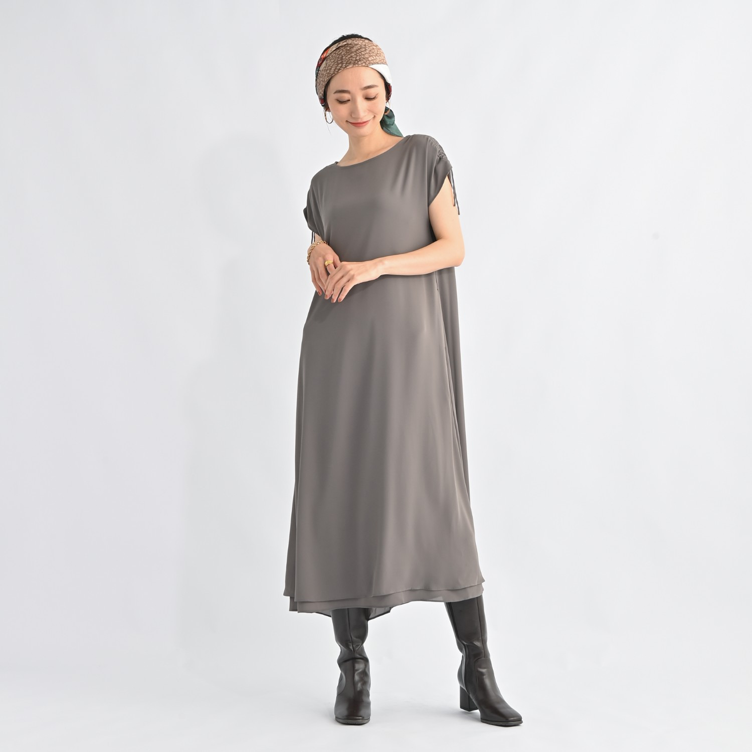 ＢＯＵＮＣＹ　ＢＯＮＤ 袖アレンジが楽しい ドロストギャザーデザイン とろみシフォン ダブルレイヤード フレアーワンピース