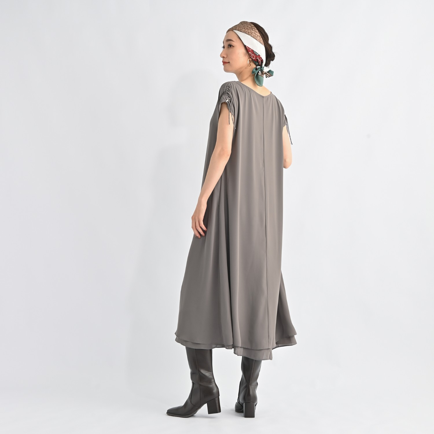 ＢＯＵＮＣＹ　ＢＯＮＤ 袖アレンジが楽しい ドロストギャザーデザイン とろみシフォン ダブルレイヤード フレアーワンピース