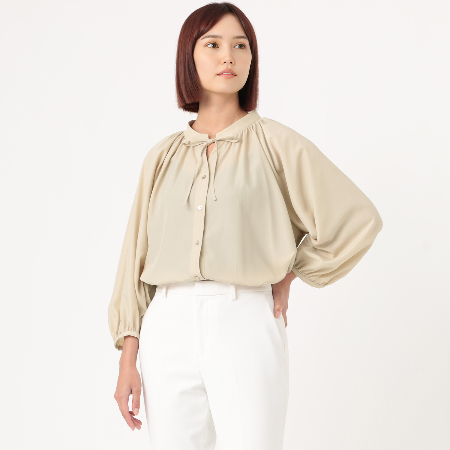 イフェメル／ ダブルフェーストーキョー 日本製 ラグランスリーブ ギャザー リボンブラウス
