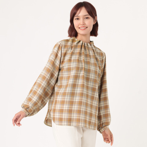 イフェメル／　ダブルフェーストーキョー　日本製　ハイネック　ゴムギャザー　チェックブラウス