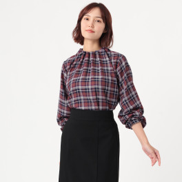 イフェメル／ ダブルフェーストーキョー 日本製 ハイネック ゴムギャザー チェックブラウス