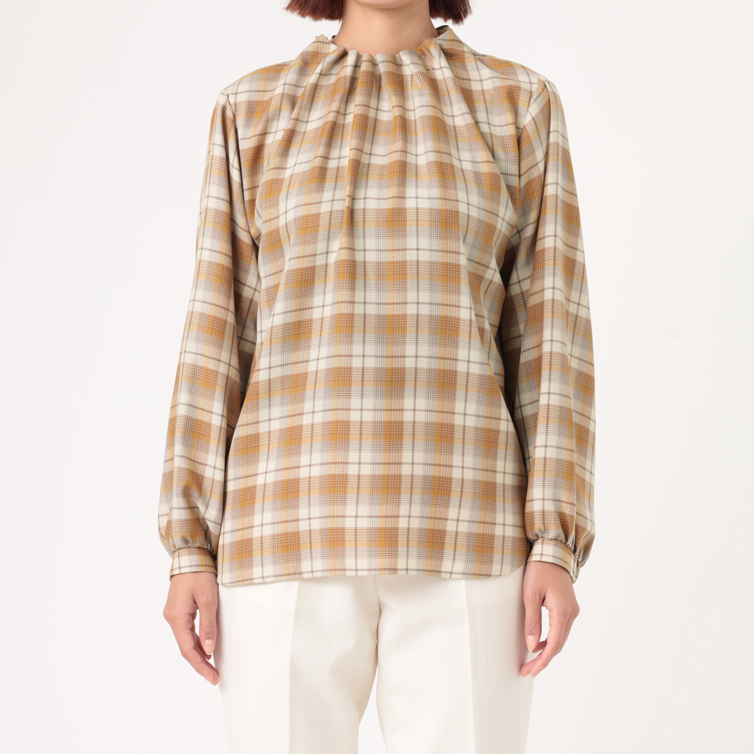 イフェメル／ ダブルフェーストーキョー 日本製 ハイネック ゴムギャザー チェックブラウス