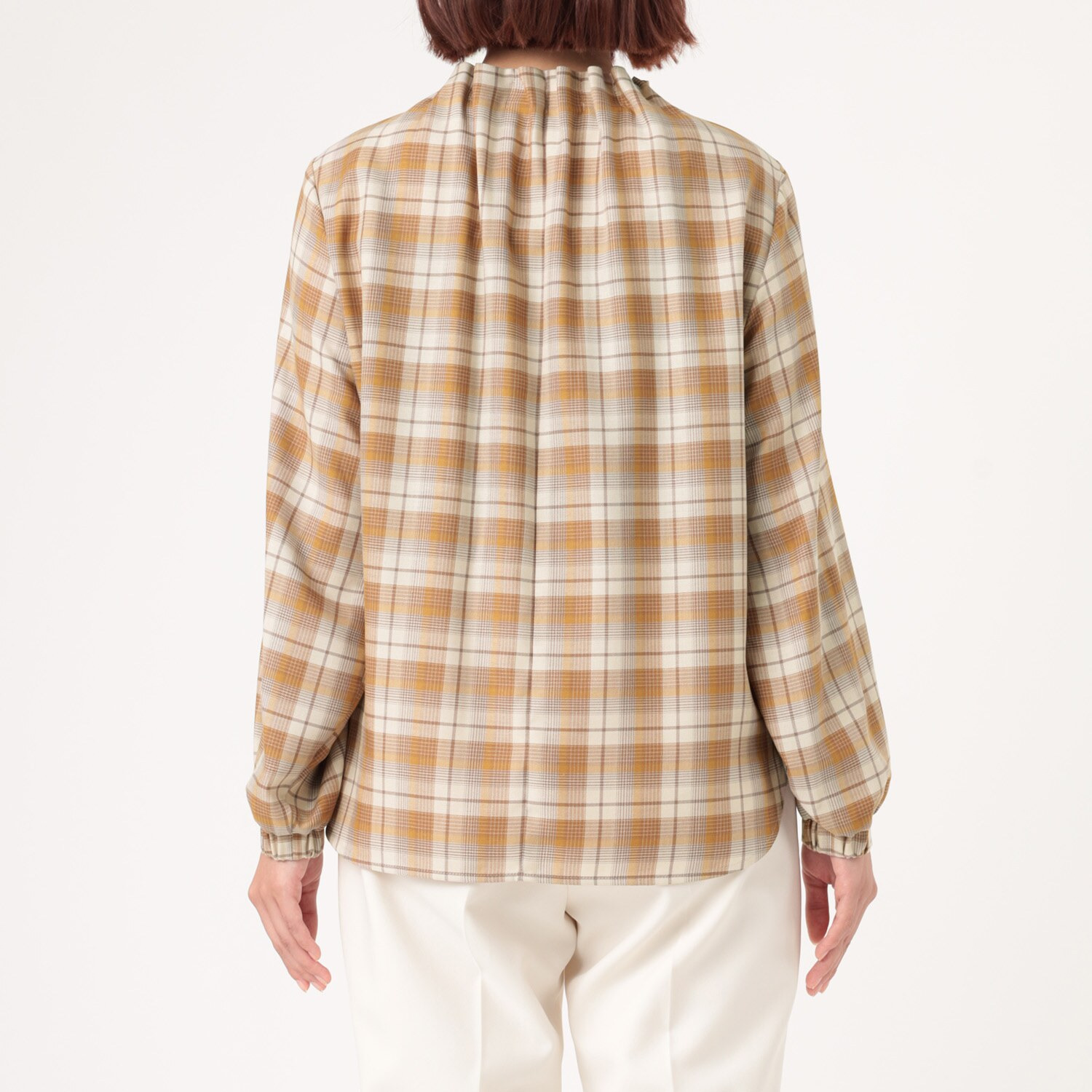 イフェメル／ ダブルフェーストーキョー 日本製 ハイネック ゴムギャザー チェックブラウス