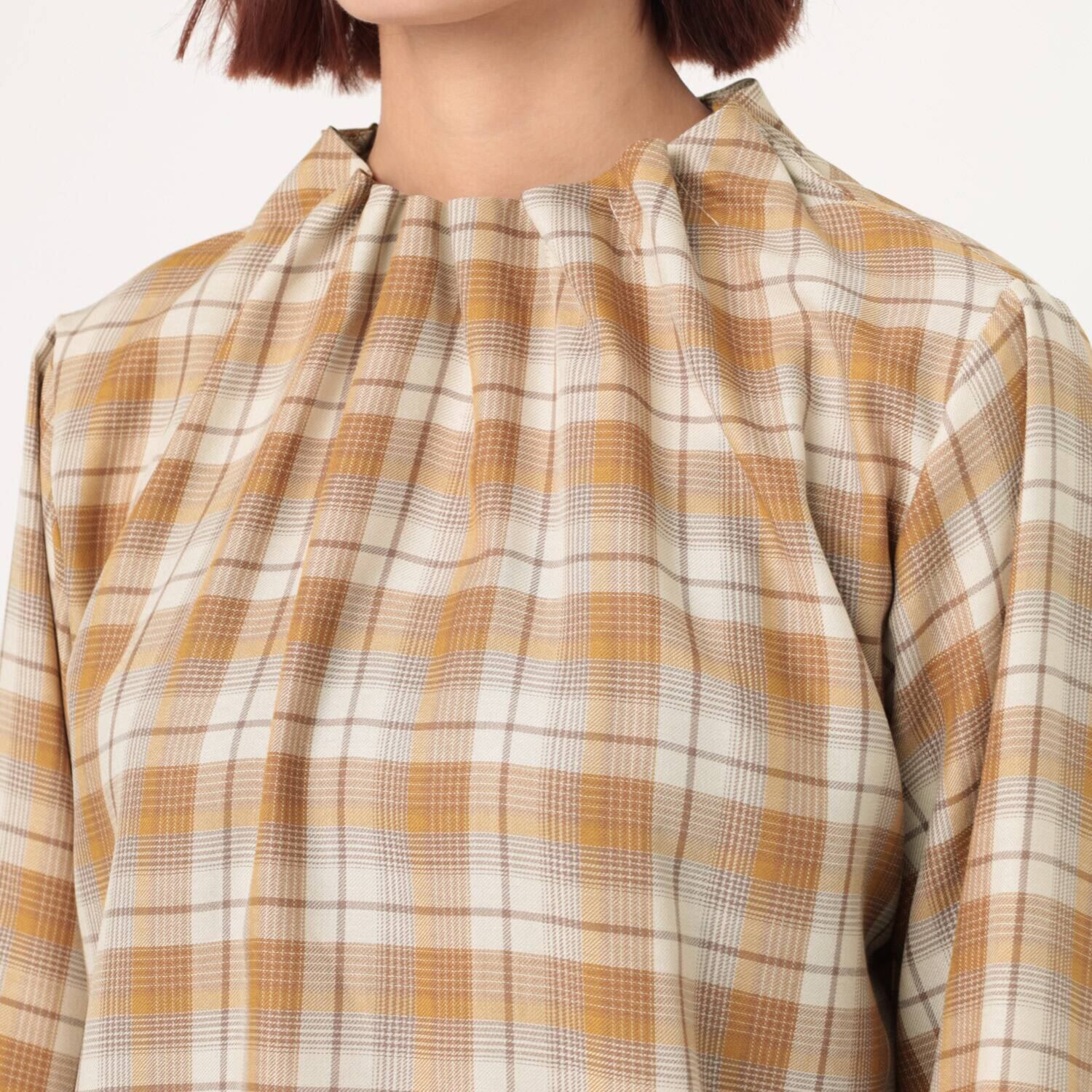 イフェメル／ ダブルフェーストーキョー 日本製 ハイネック ゴムギャザー チェックブラウス