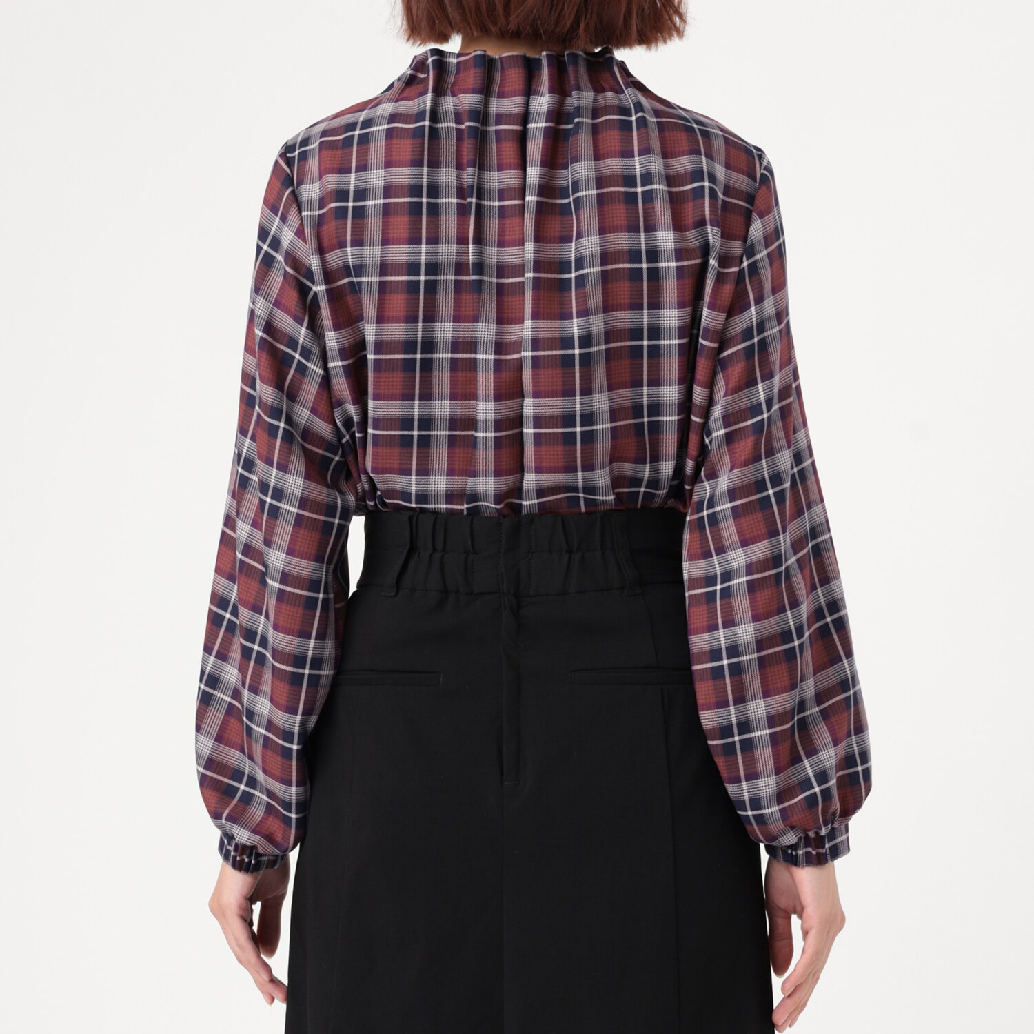 イフェメル／ ダブルフェーストーキョー 日本製 ハイネック ゴムギャザー チェックブラウス