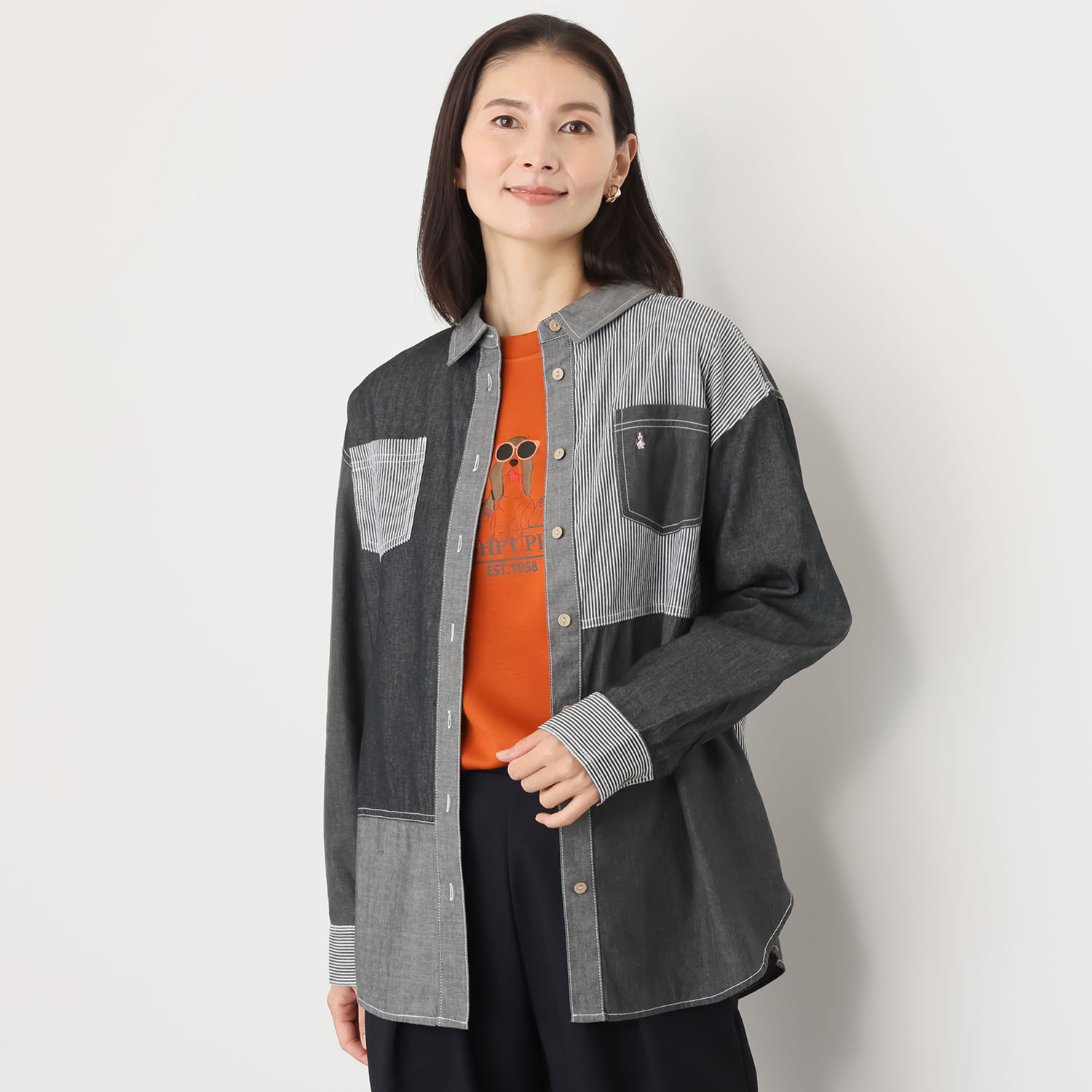 ハッシュパピー ４種類の生地を使用した クレイジー切替 デニムシャツ