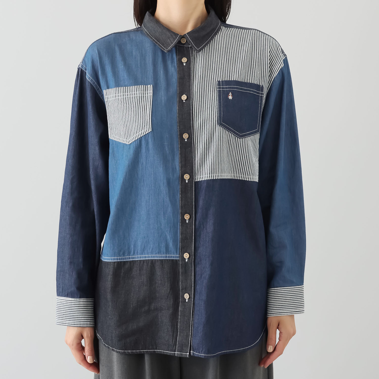 ハッシュパピー ４種類の生地を使用した クレイジー切替 デニムシャツ