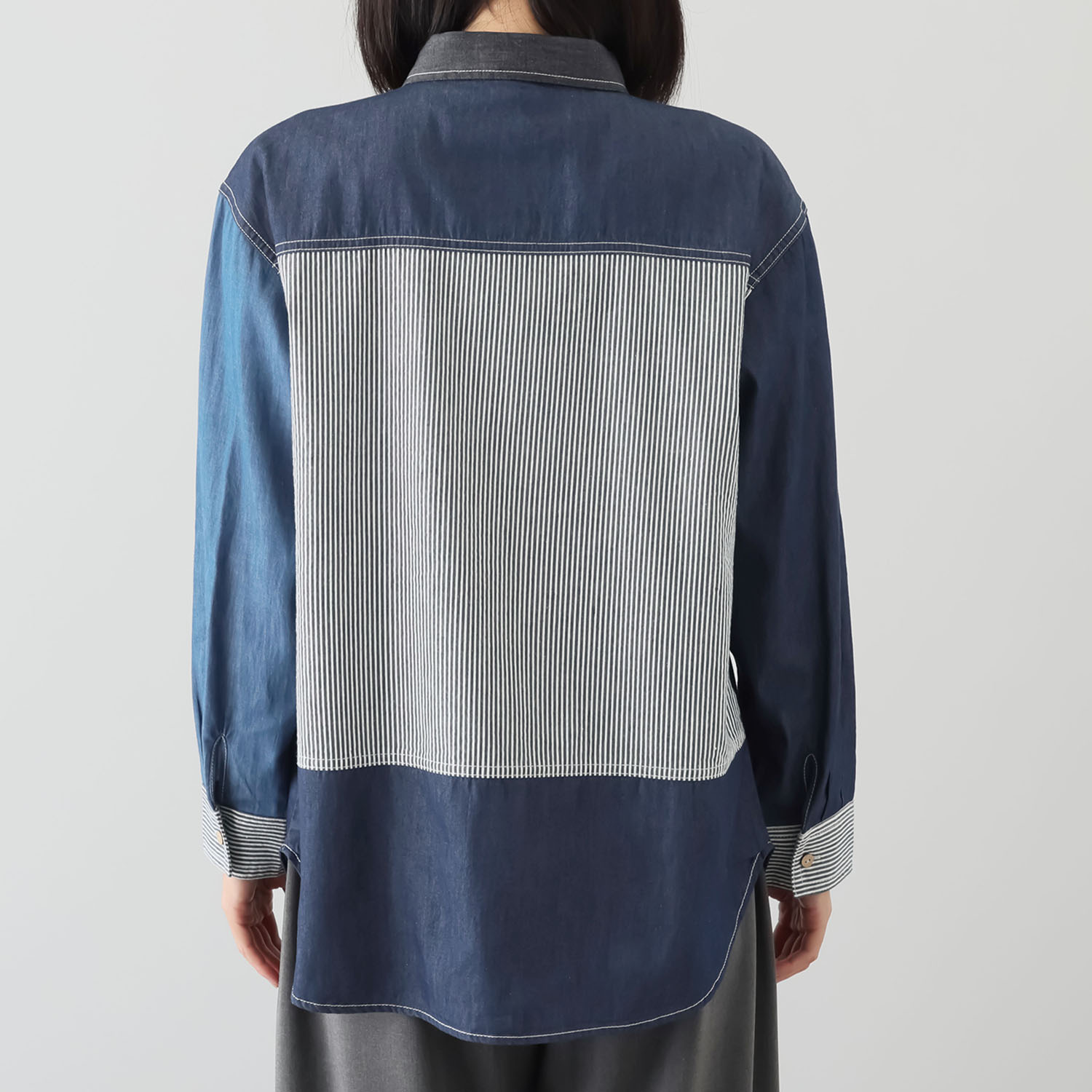ハッシュパピー ４種類の生地を使用した クレイジー切替 デニムシャツ