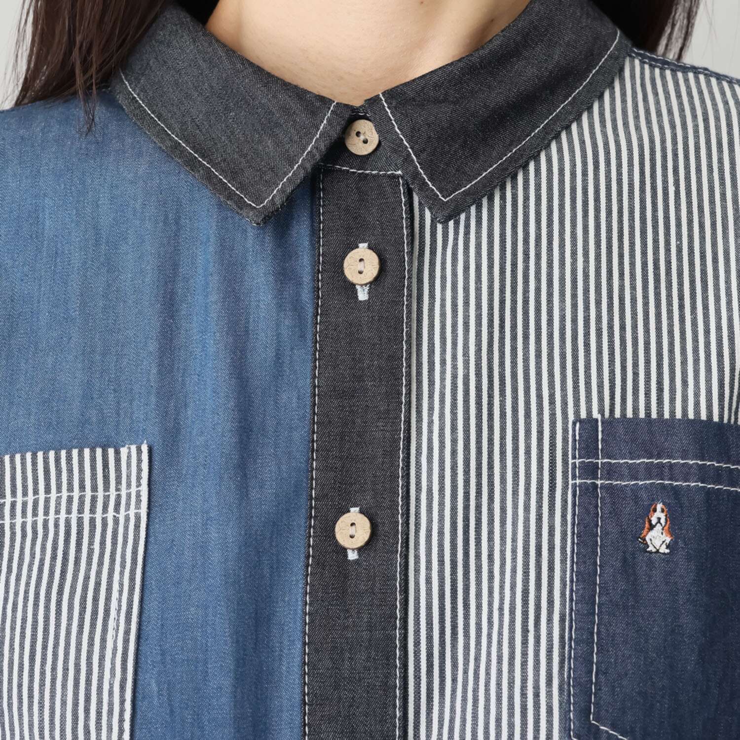 ハッシュパピー ４種類の生地を使用した クレイジー切替 デニムシャツ