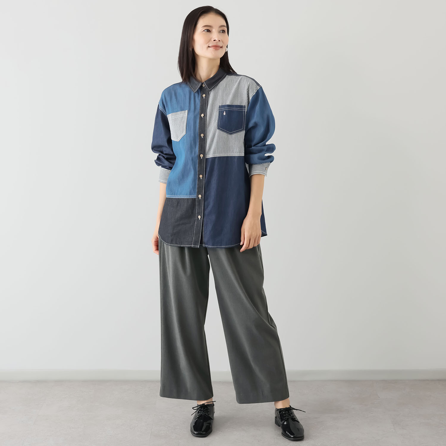 ハッシュパピー ４種類の生地を使用した クレイジー切替 デニムシャツ