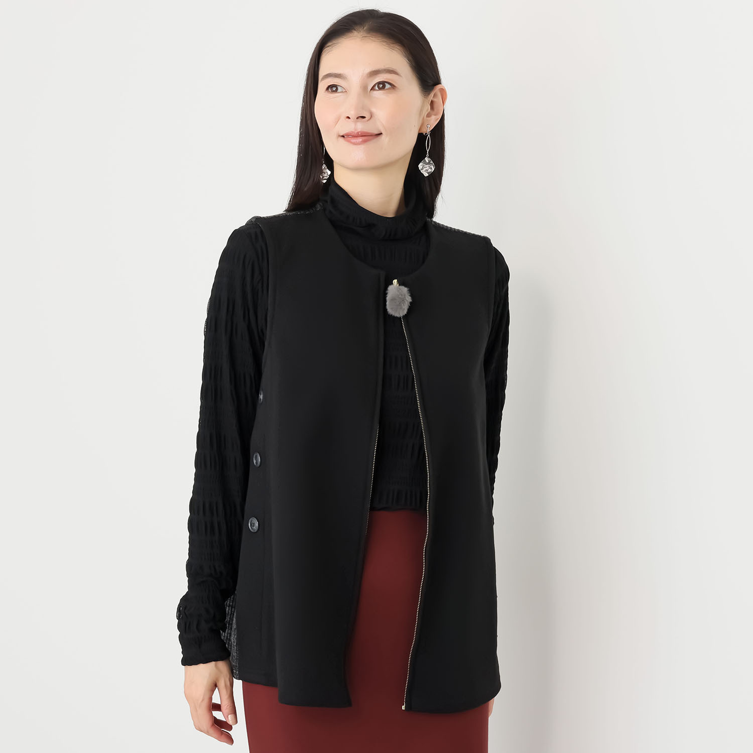 ハッシュパピー お手入れ簡単 ウール調 ノーカラーベスト