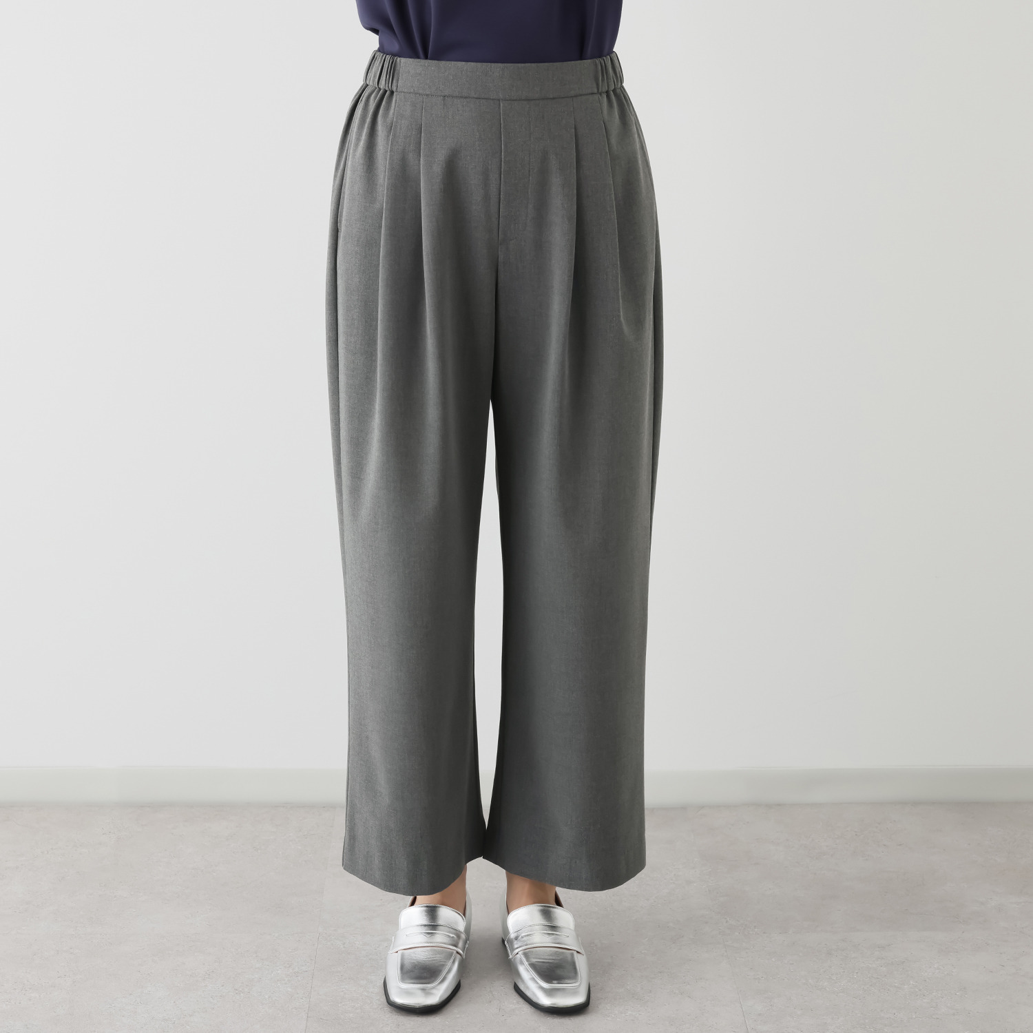 ハッシュパピー お手入れ簡単 ウール調 ツータック ワイドストレートパンツ