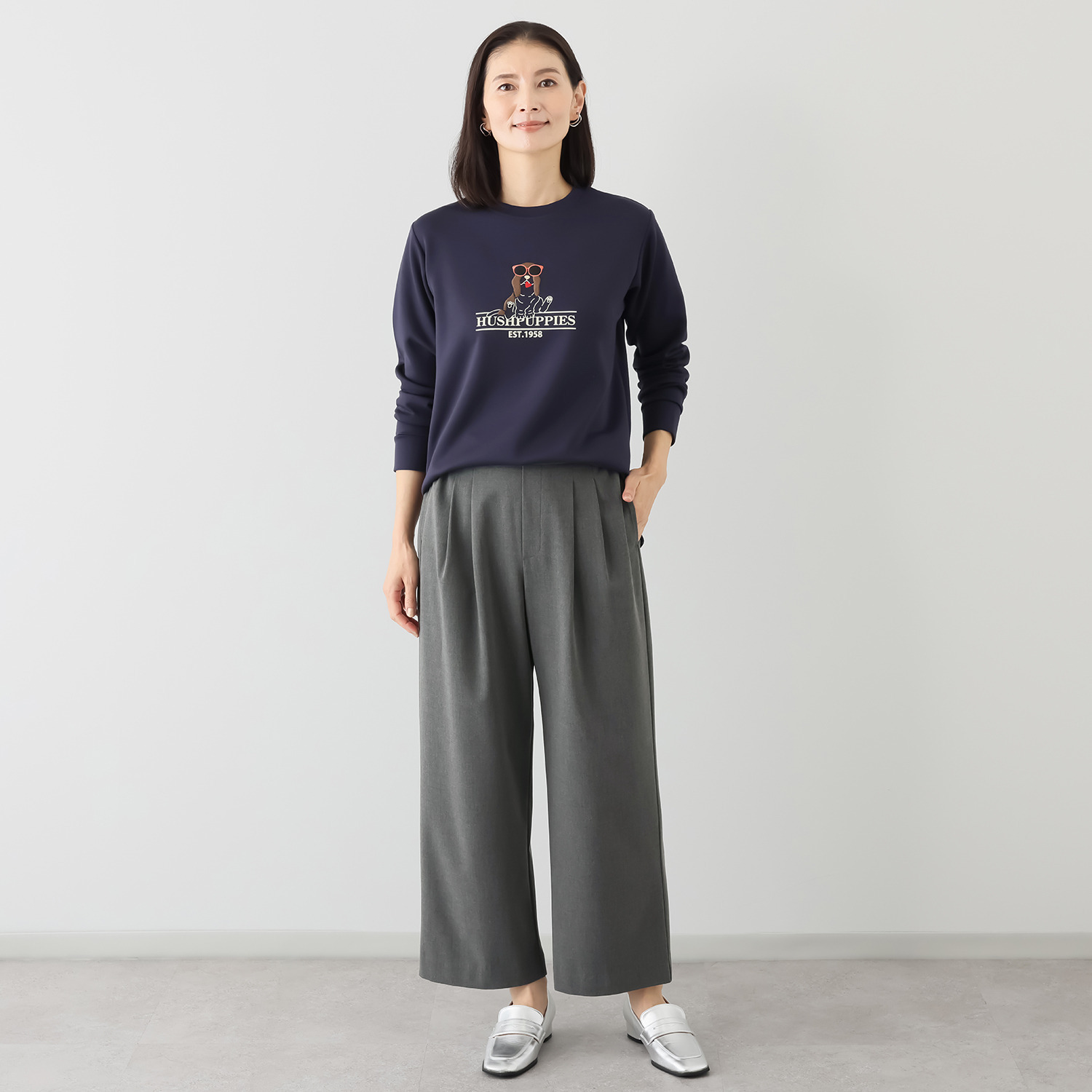 ハッシュパピー お手入れ簡単 ウール調 ツータック ワイドストレートパンツ