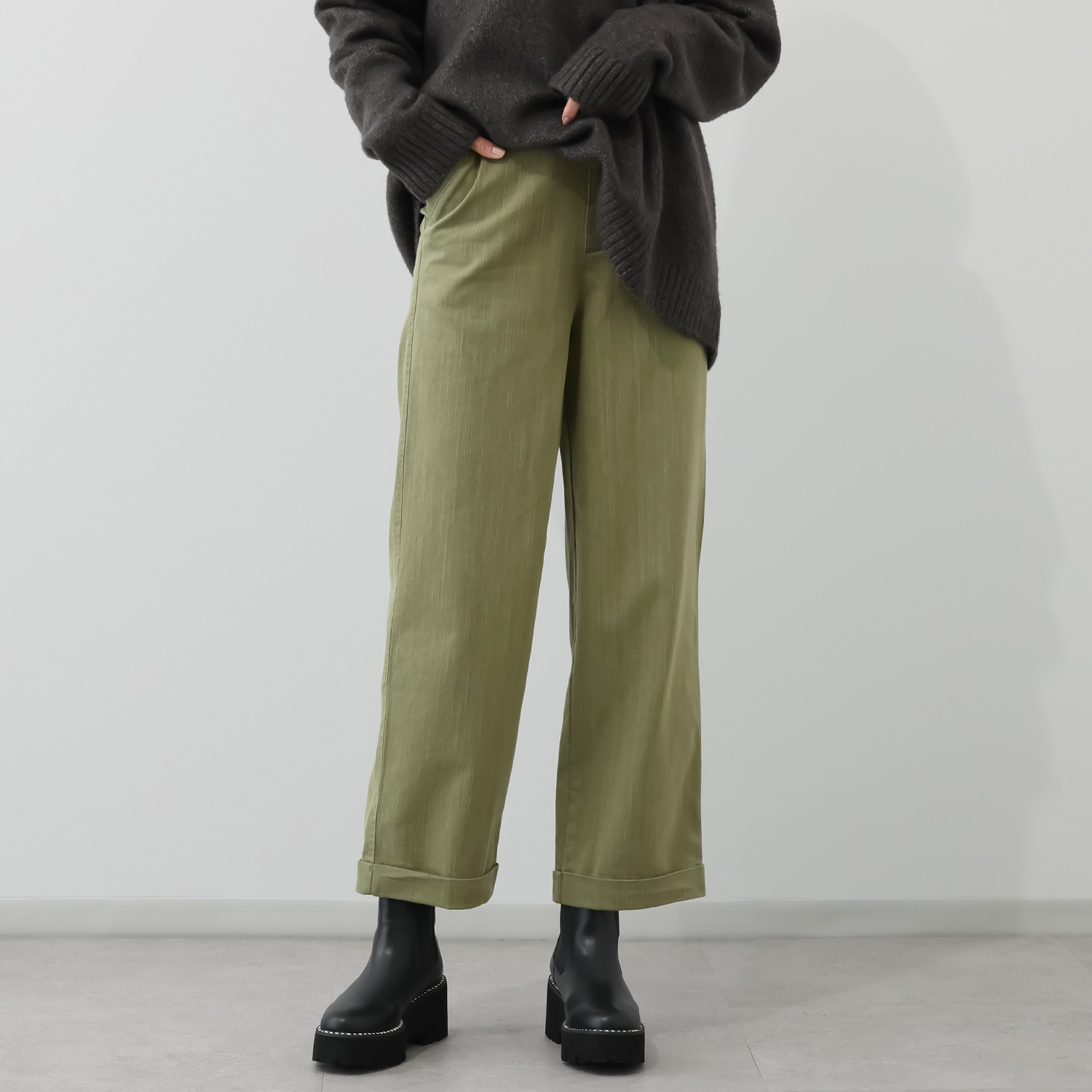 アトリエール コットン混 ハイストレッチ 裾ダブルワイドパンツ