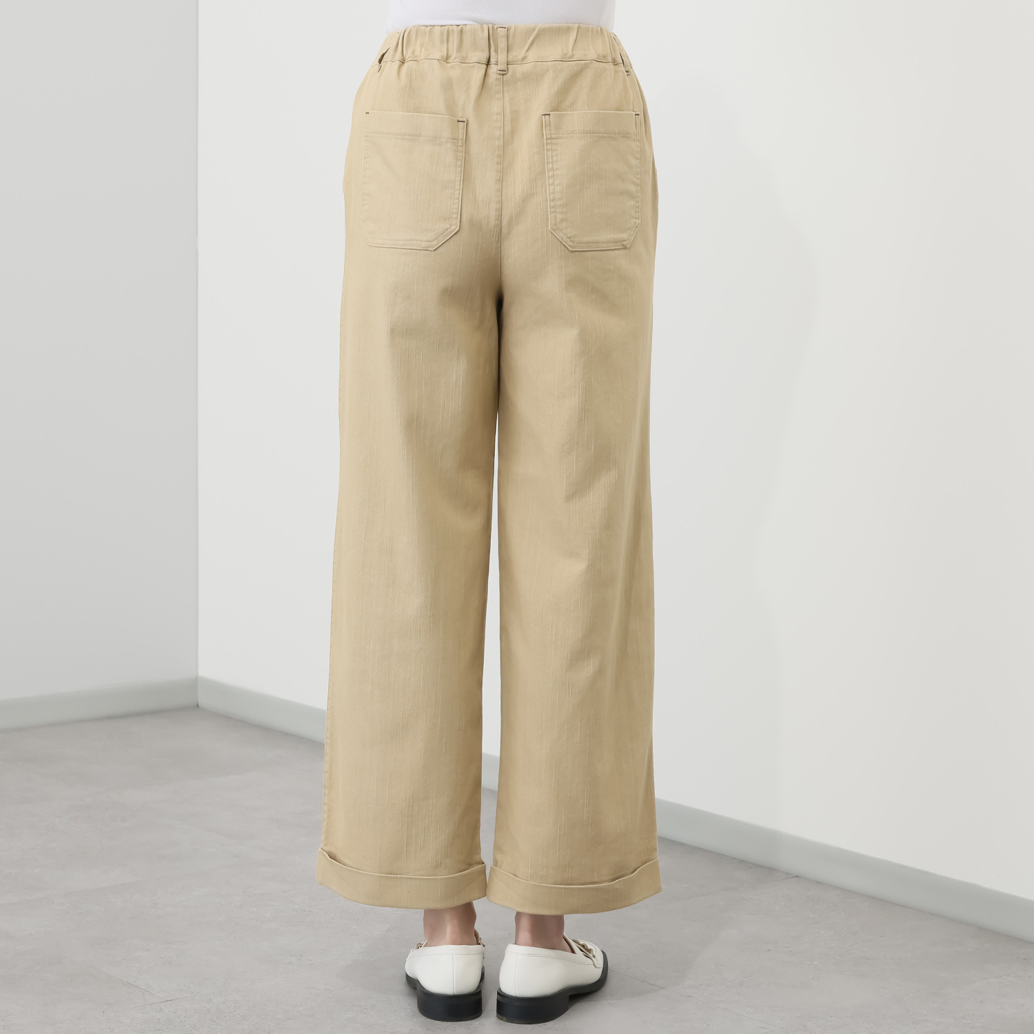 アトリエール コットン混 ハイストレッチ 裾ダブルワイドパンツ