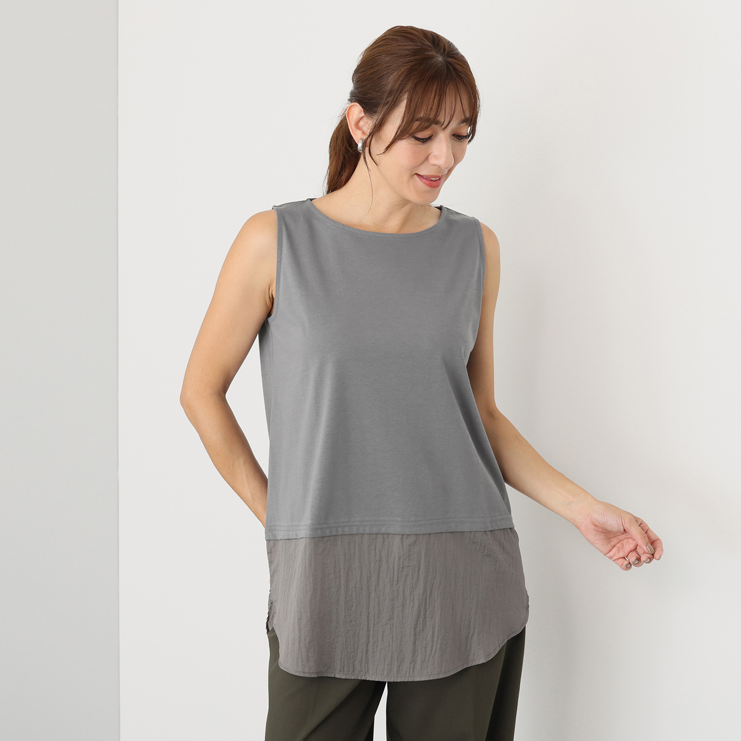 エムエムオー 接触冷感 異素材切替 裾ラウンドタンクトップ