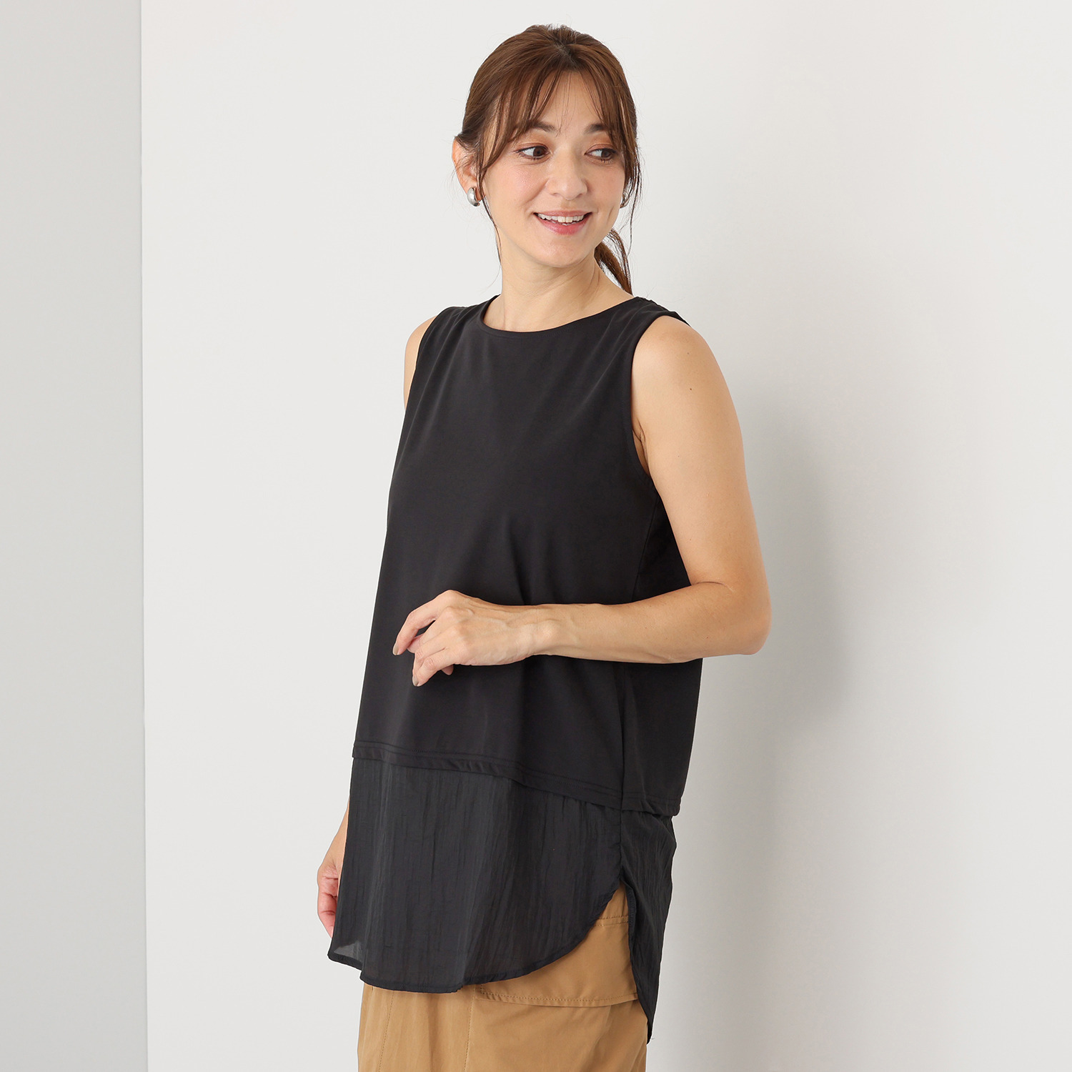 エムエムオー 接触冷感 異素材切替 裾ラウンドタンクトップ