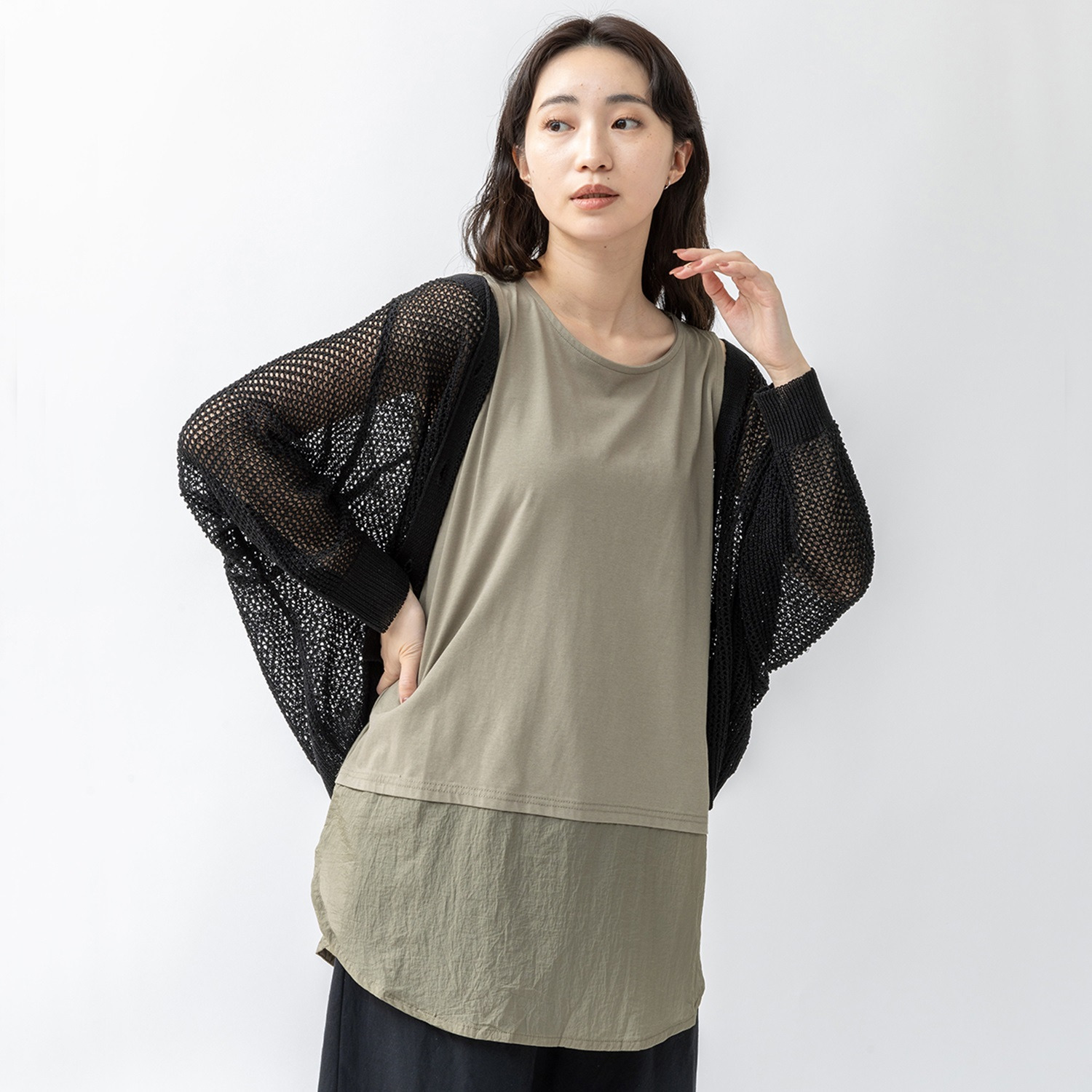 エムエムオー 接触冷感 異素材切替 裾ラウンドタンクトップ