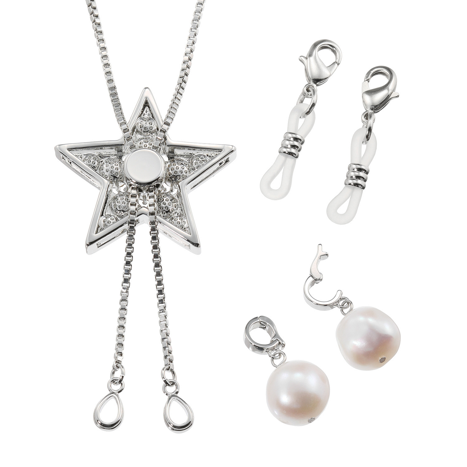 エアリーフェアリー プレシオサ社製 クリスタルガラス スターモティーフ スライド ロングネックレス＆ 淡水パールチャーム