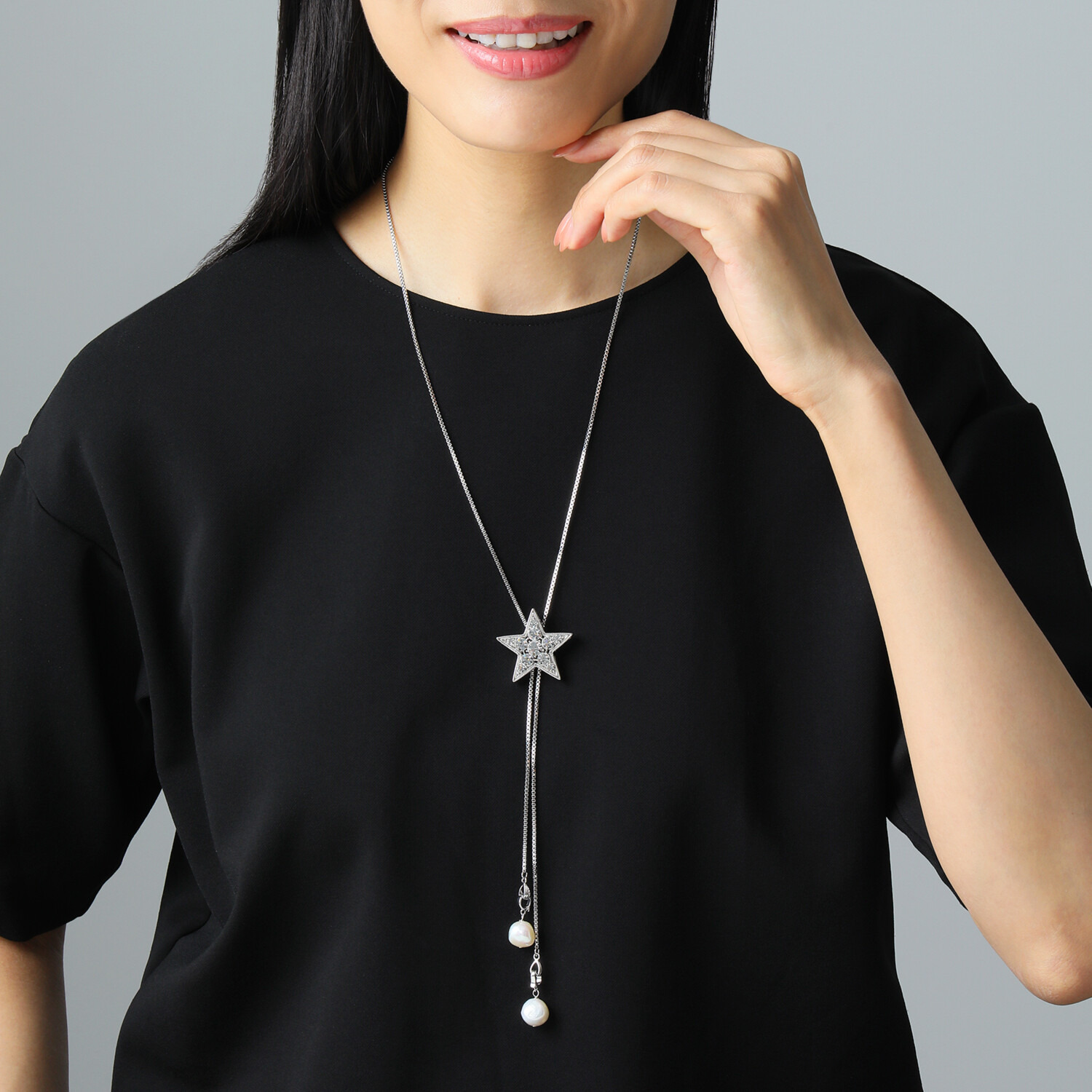 エアリーフェアリー プレシオサ社製 クリスタルガラス スターモティーフ スライド ロングネックレス＆ 淡水パールチャーム