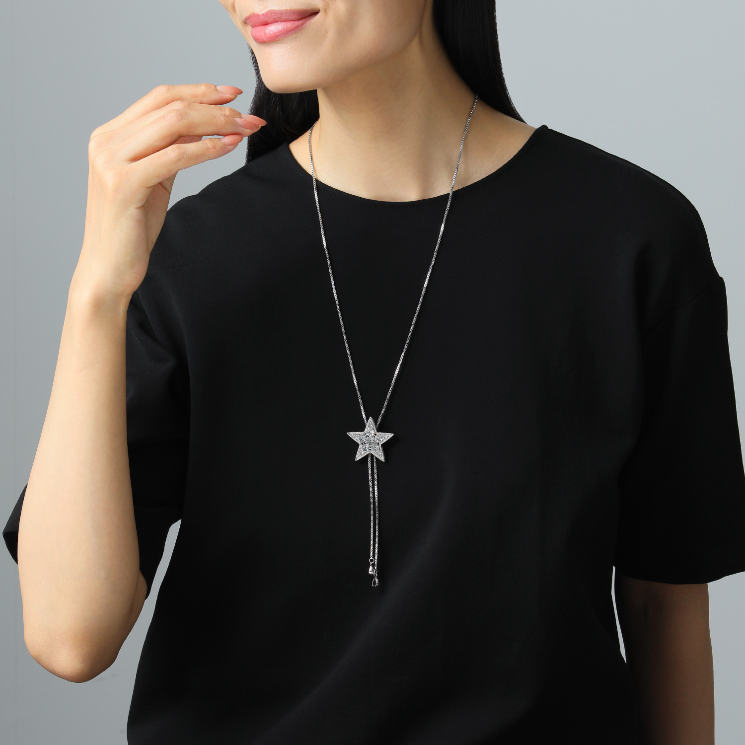 エアリーフェアリー プレシオサ社製 クリスタルガラス スターモティーフ スライド ロングネックレス＆ 淡水パールチャーム