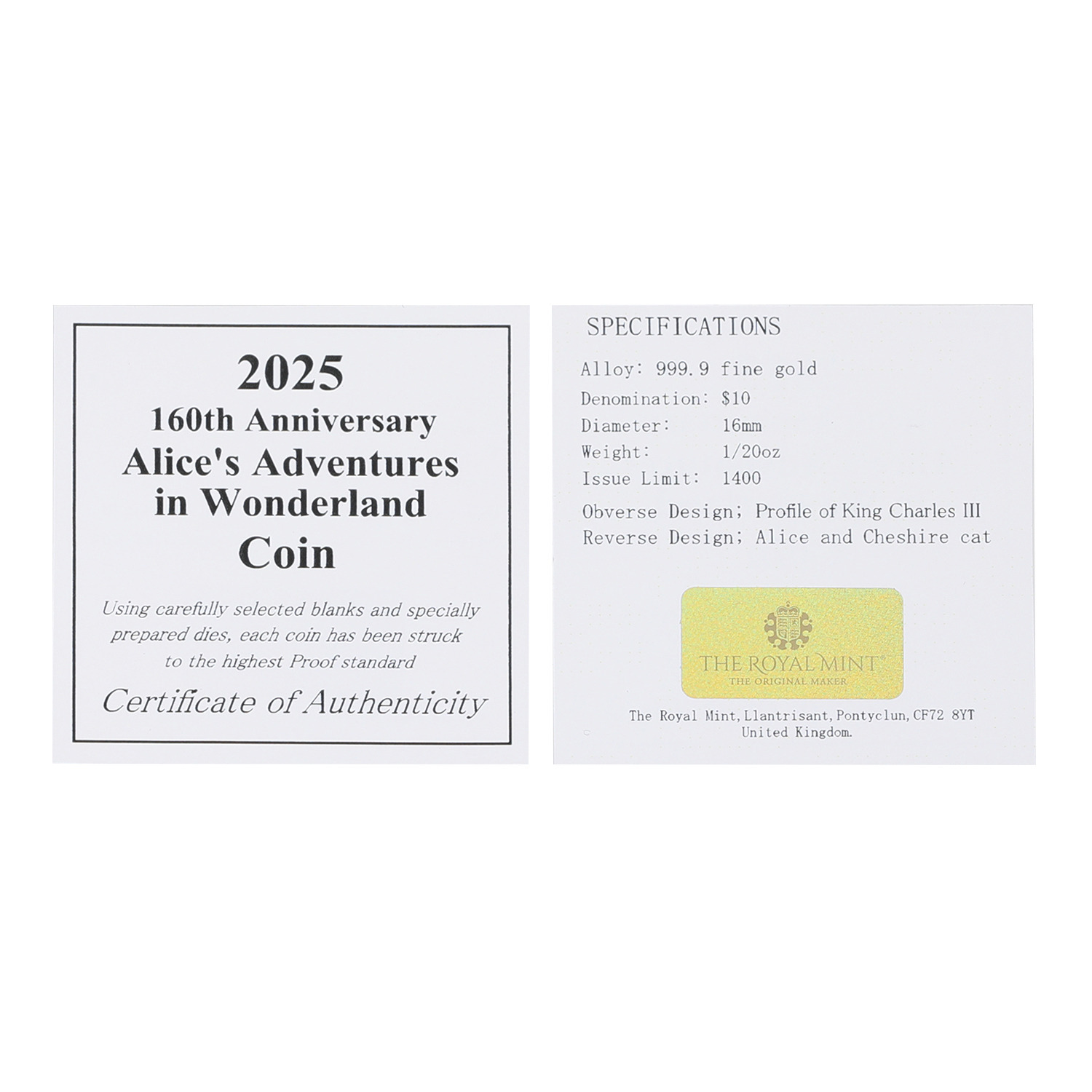 チェルカーレ 純金　ロイヤルミント製造 ２０２５年 不思議の国のアリス コインペンダントトップ ＜１／２０オンス＞