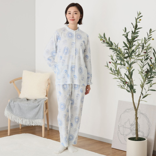ナルエー 綿100%スムース カトラリー柄 フリルナイトウェア 上下セット ナルエー 綿100%スムース カトラリー柄 フリルナイトウェア 上下セット
