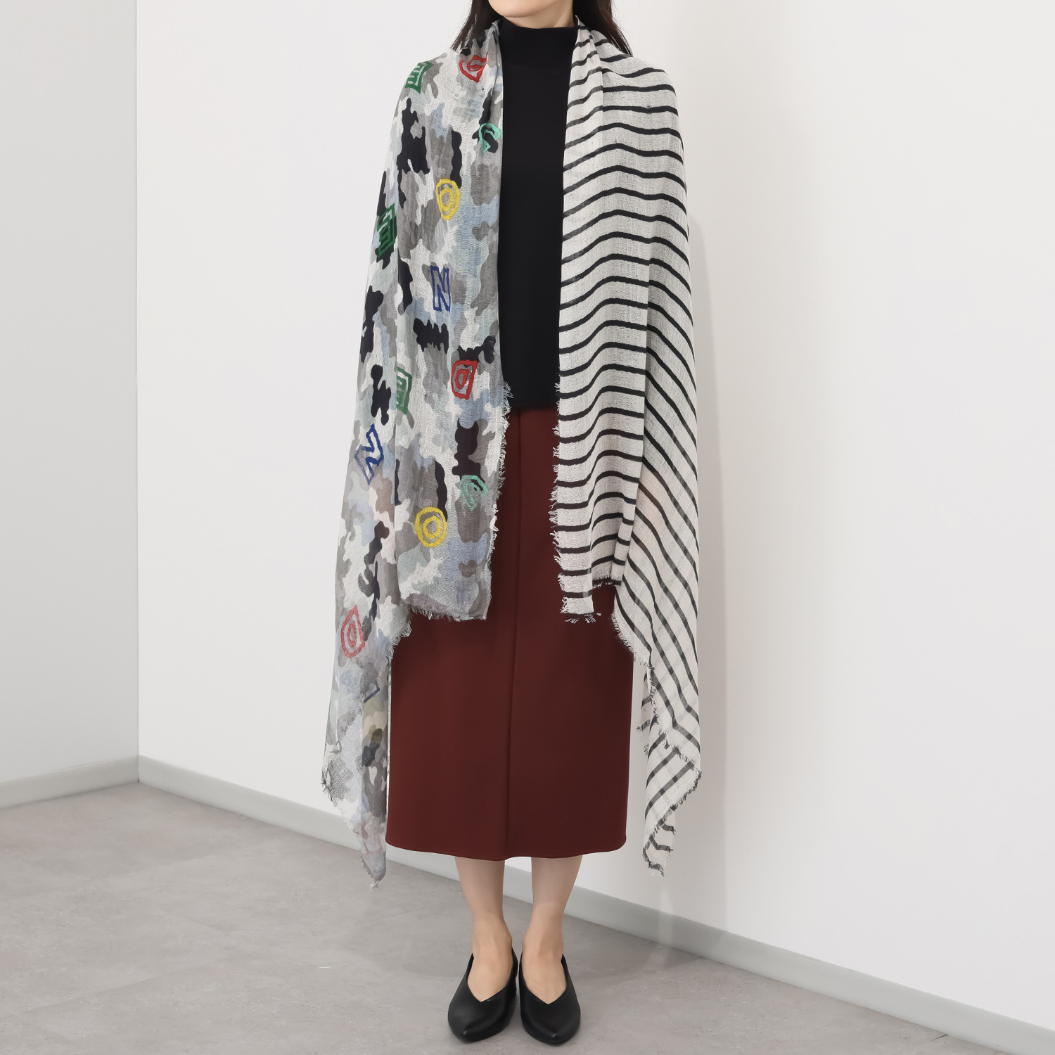ウノ・ウノ・ドゥーエ 使い方いろいろ！ カモフラージュ× ボーダー 大判ふんわりストール