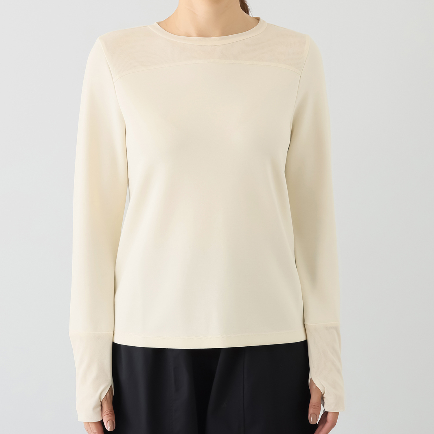 ゼラールスポーツ 襟あきがきれい！ もっちりのびのび素材 チュールコンビ ラウンドネック プルオーバー