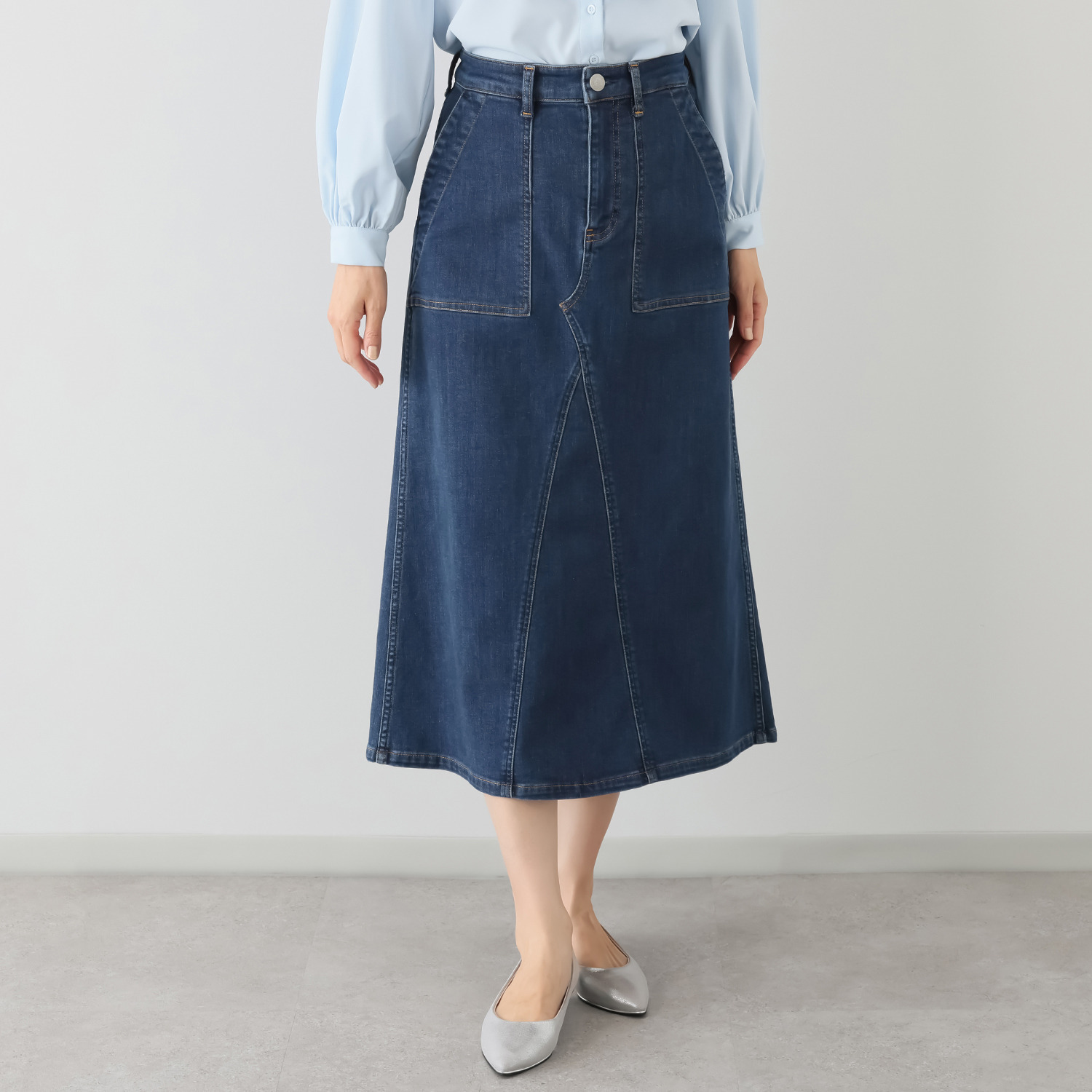 シュガーデプト ふんわり肌に気持ち良い ソフトタッチデニム ワークデザインスカート