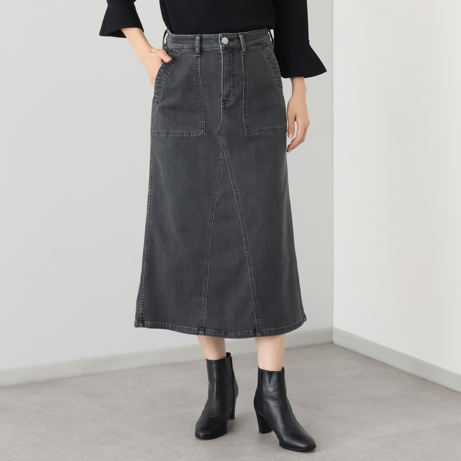 シュガーデプト ふんわり肌に気持ち良い ソフトタッチデニム ワークデザインスカート