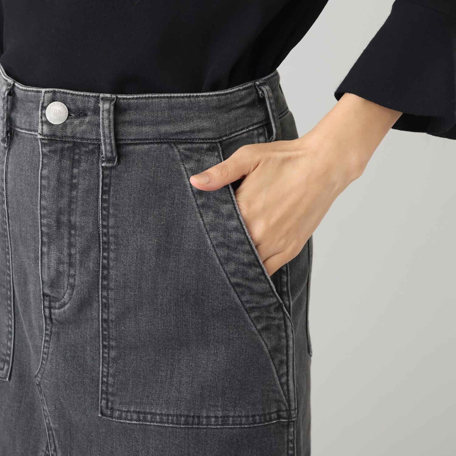 シュガーデプト ふんわり肌に気持ち良い ソフトタッチデニム ワークデザインスカート