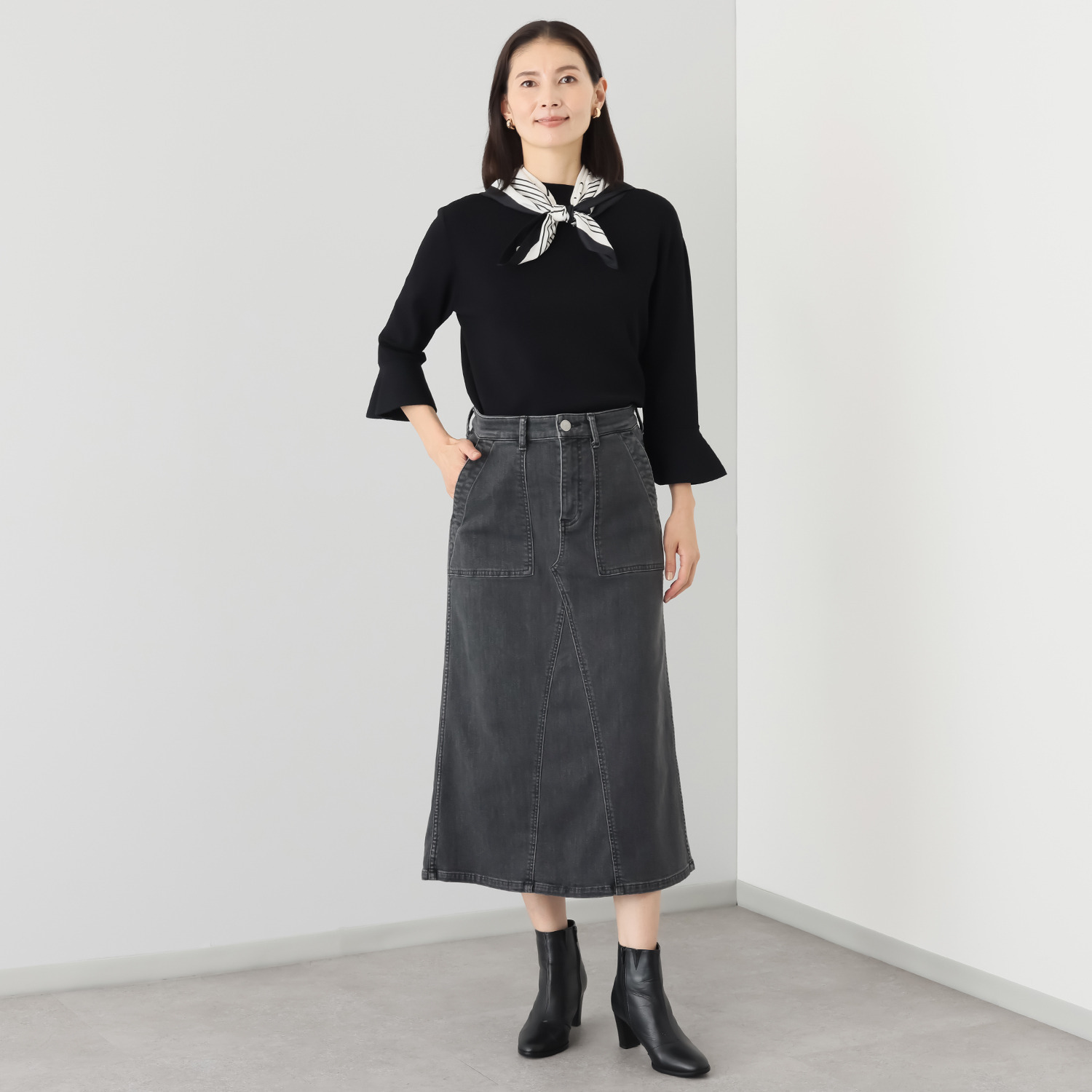 シュガーデプト ふんわり肌に気持ち良い ソフトタッチデニム ワークデザインスカート