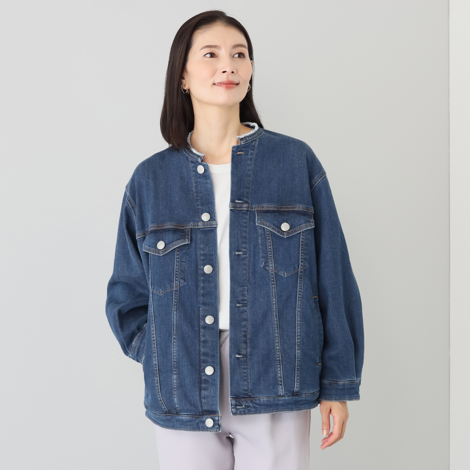 シュガーデプト ふんわり肌に気持ち良い ソフトタッチデニム ノーカラージャケット